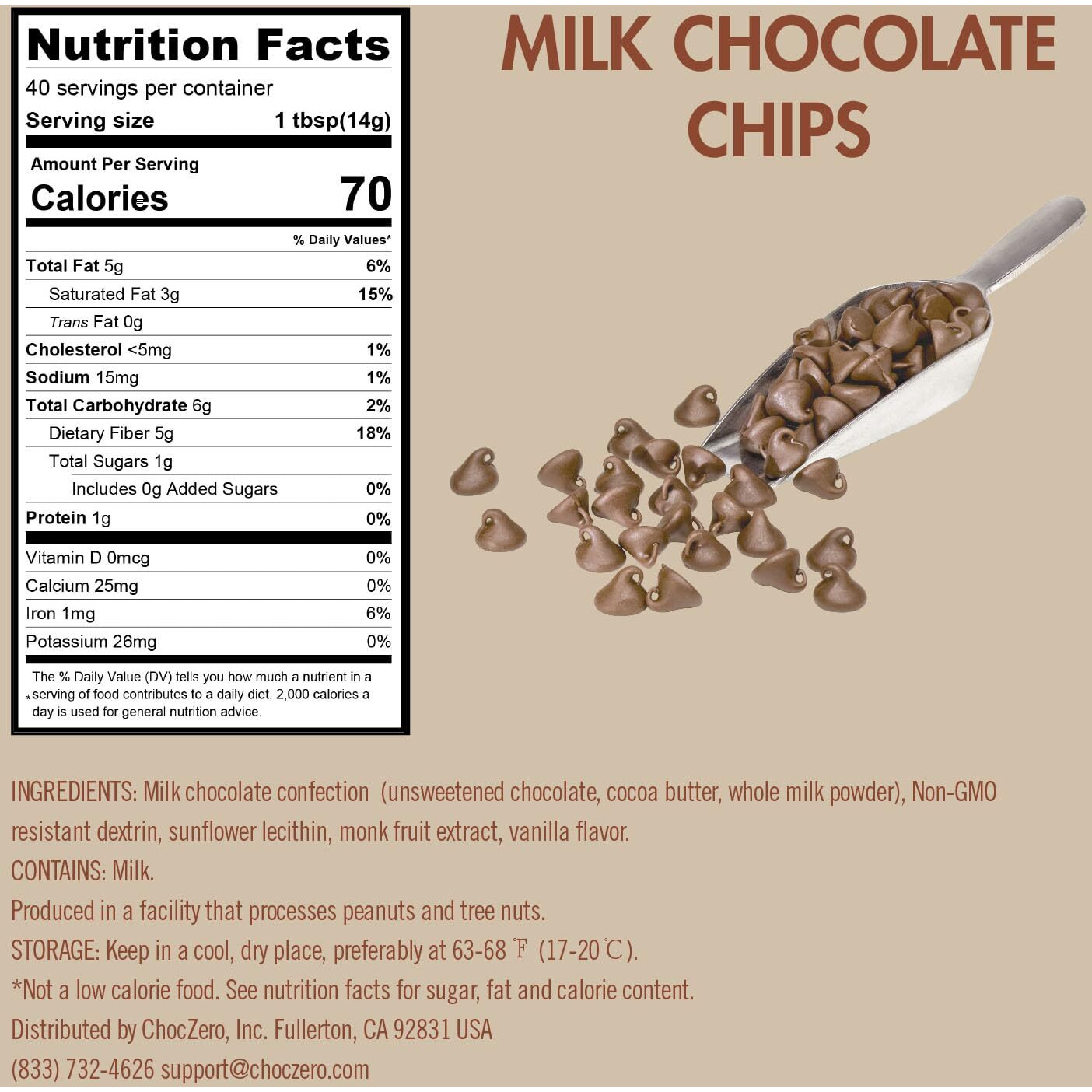 Choczero Milk Chocolate Chips - No Sugar Added, Low Carb, Keto Friendly, Gluten Free - 20 Ounce Bulk Bag For Baking Keto Diet Cookies And Dessert