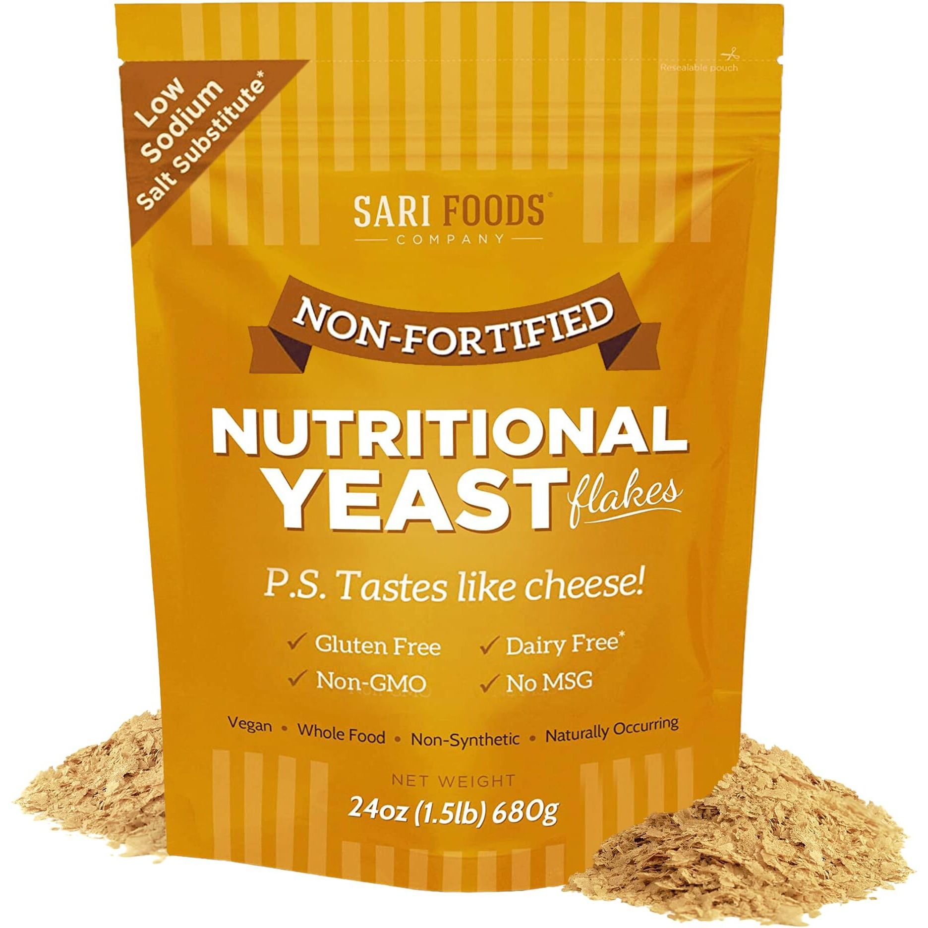 Sari Foods- Non-Fortified Nutritional Yeast Flakes, 24Oz Or 8Oz, Superfood, Rich In Vegan Protein. Gluten Free & Dairy Free Cheese Substitute, Vitamins B, Beta-Glucans, And All 18 Amino Acids, Non Gmo
