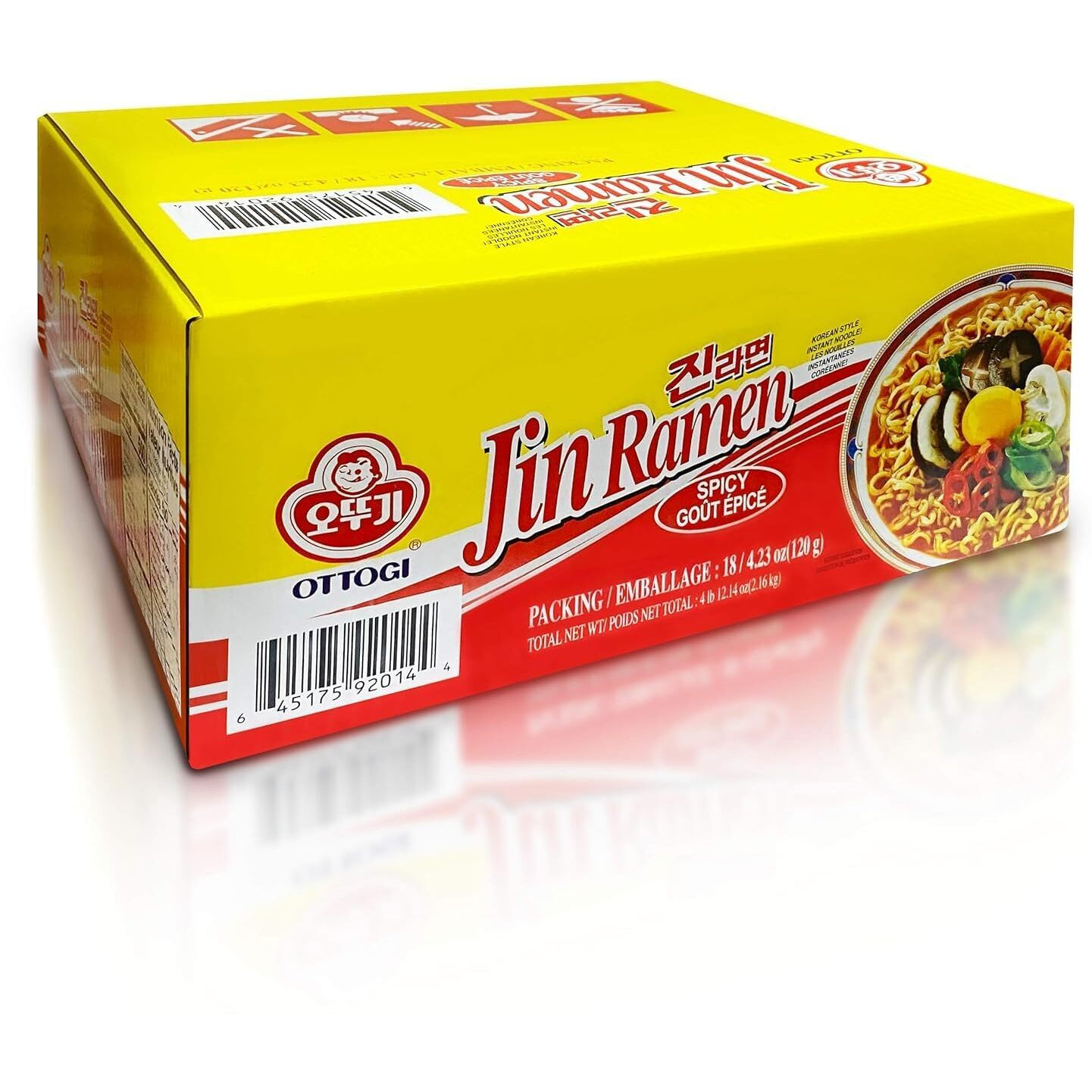 Ottogi Jin Ramen Spicy Flavor, 4.23 Oz (Pack Of 18) - Authentic Korean Instant Noodles, Rich And Savory Broth, Quick And Easy Meal