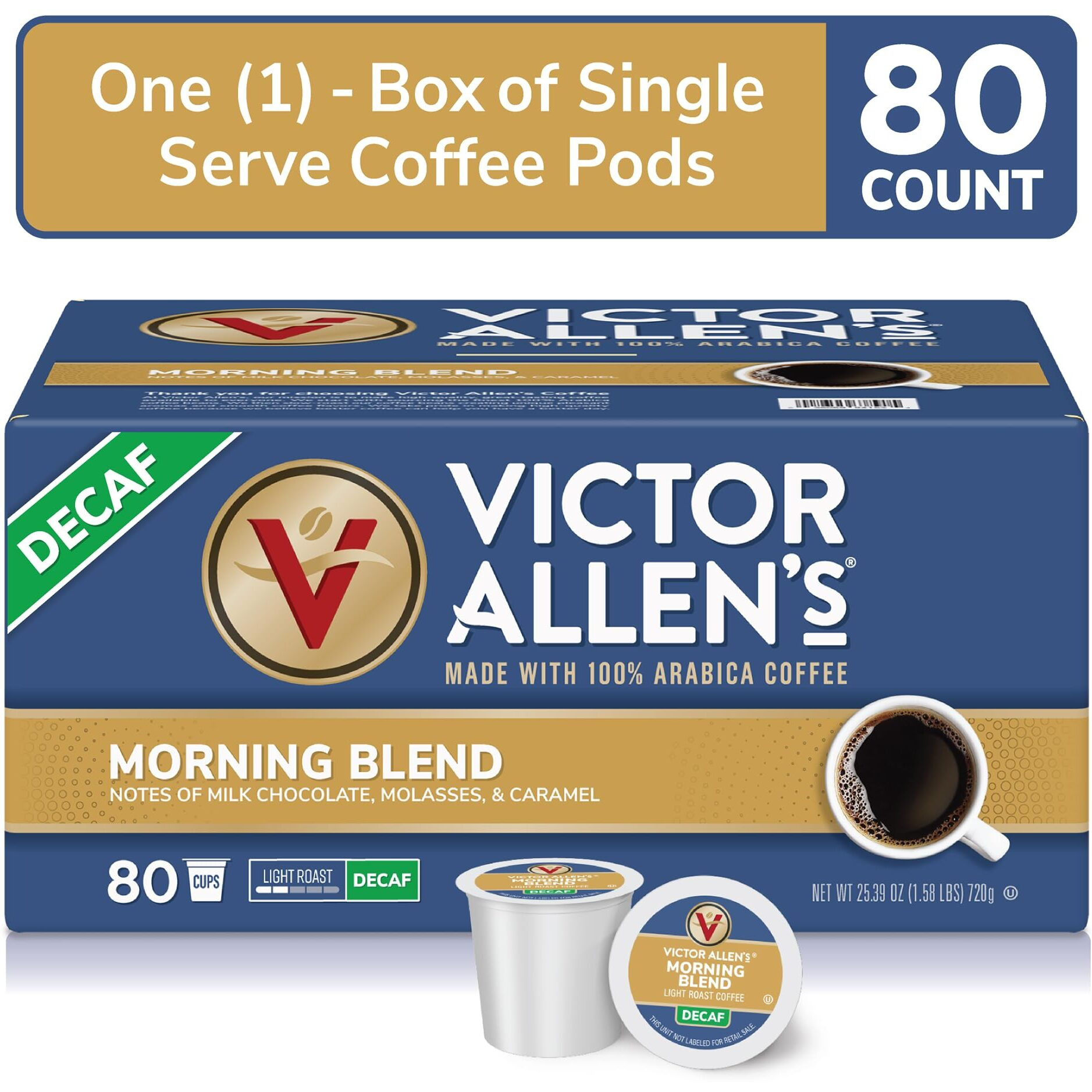 Victor Allen's Coffee Decaf Morning Blend, Light Roast, 80 Count, Single Serve Coffee Pods For Keurig K-Cup Brewers