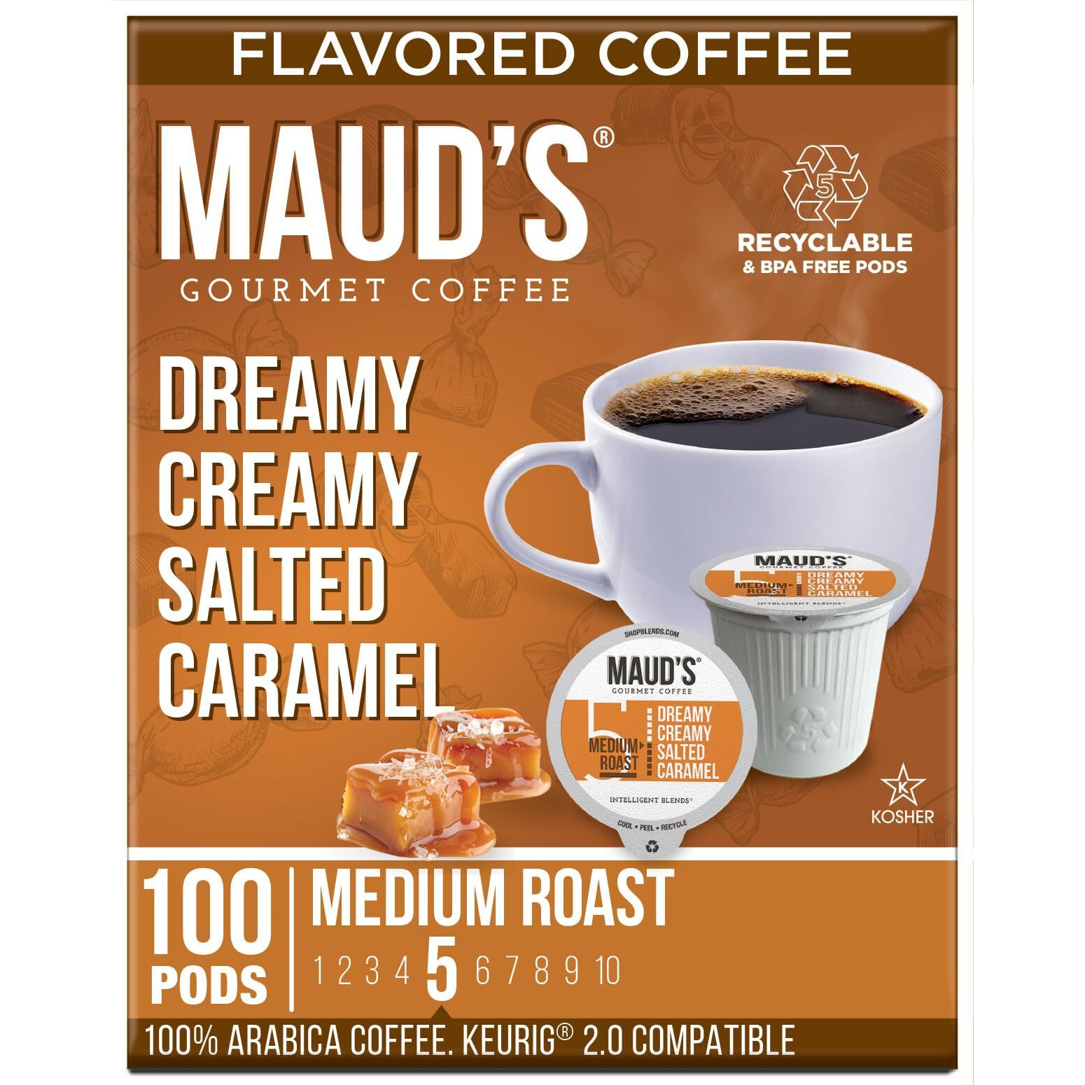 Maud's Salted Caramel Coffee Pods, 100 Ct | Dreamy Creamy Caramel Flavor | 100% Arabica Medium Roast Coffee | Solar Energy Produced Recyclable Pods Compatible With Keurig K Cups Maker