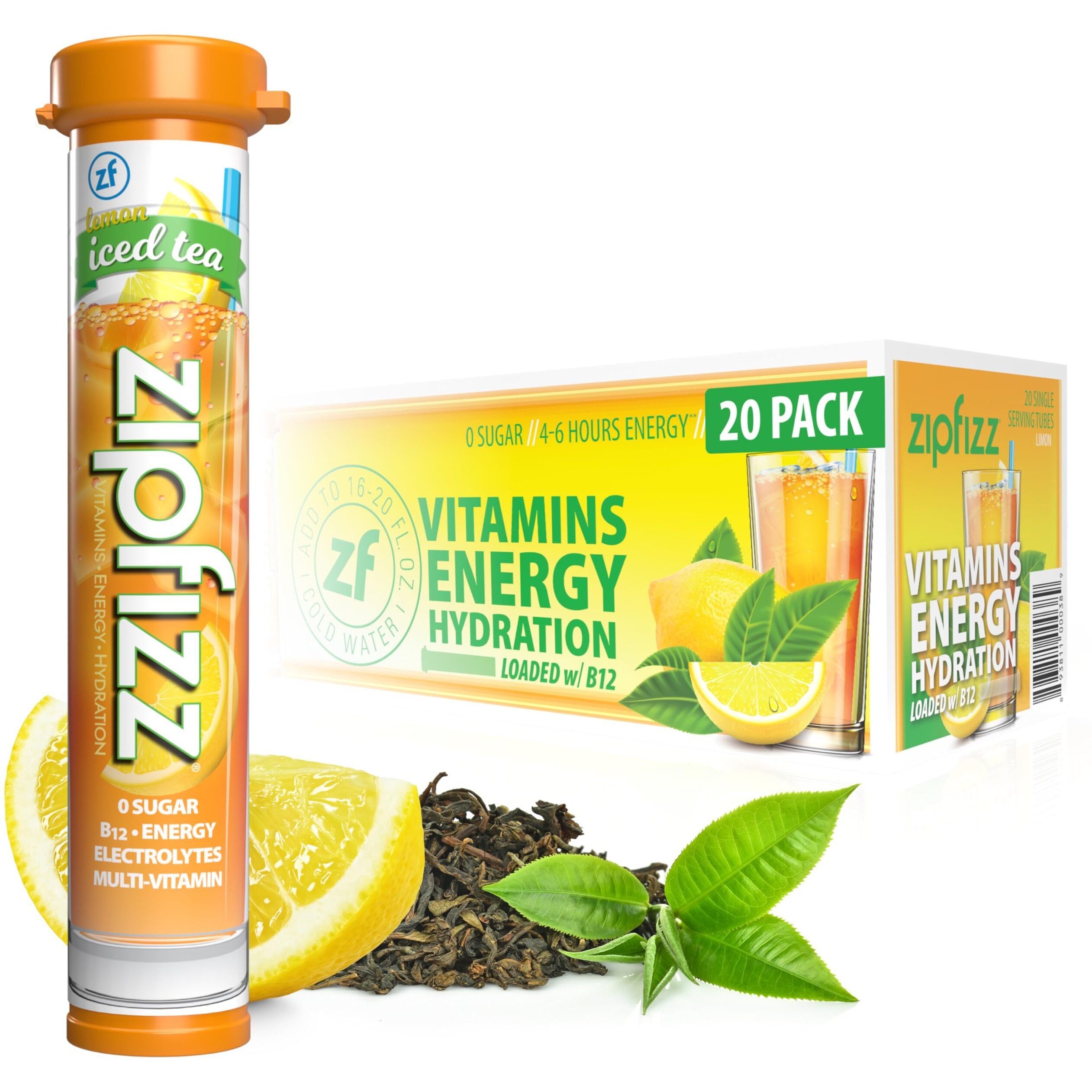 Zipfizz Daily Energy Drink Powder, Lemon Iced Tea, 20 Pack | 3-In-1 Sustained Energy, Rapid Hydration, And Essential Vitamins | Sugar-Free | Electrolyte Powder | Contains Vitamin B-12 & Antioxidants