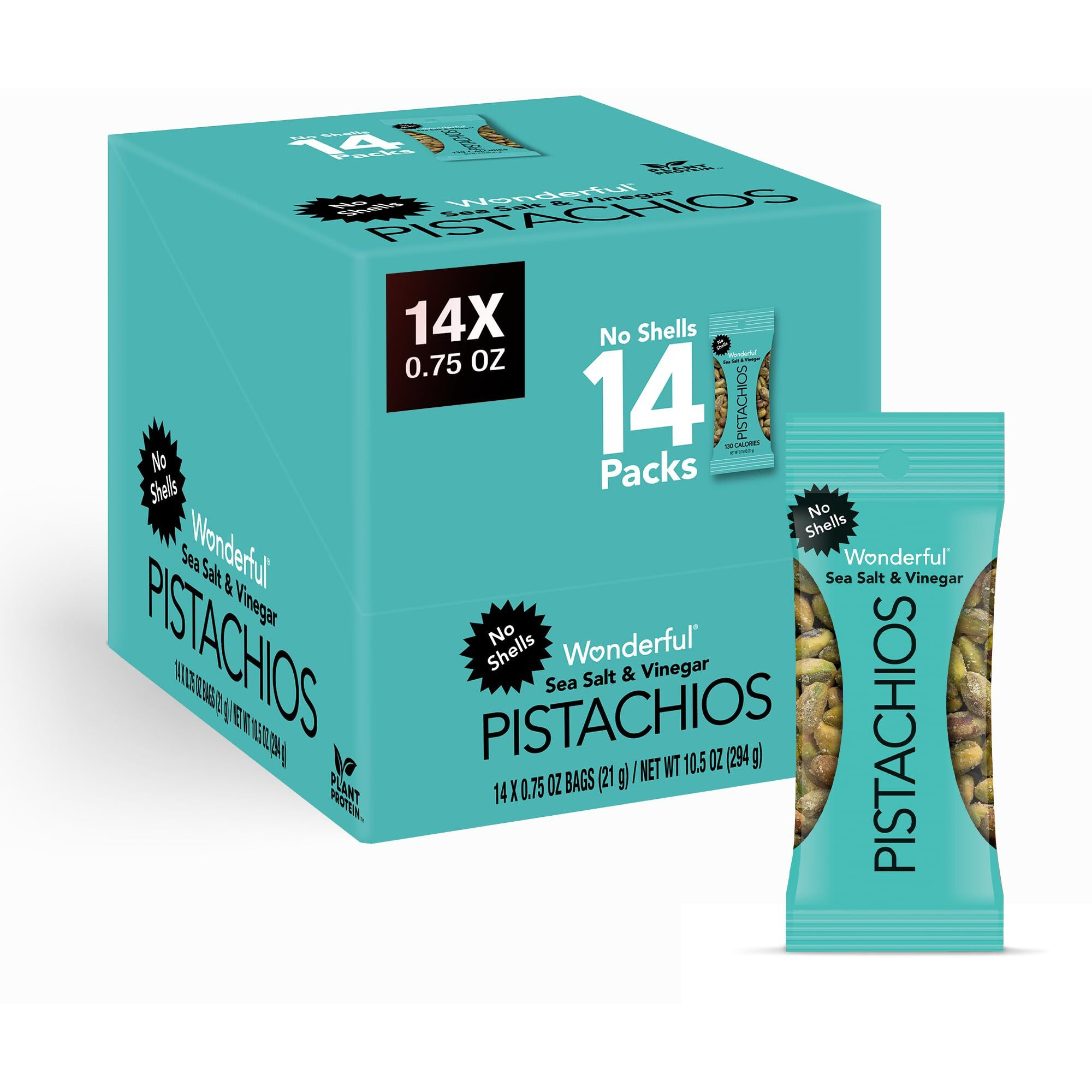 Wonderful Pistachios No Shells, Sea Salt & Vinegar Nuts, 0.75 Ounce Bags (Pack Of 14), Protein Snacks, Salty Snacks, On-The-Go, Individually Wrapped Healthy Snacks