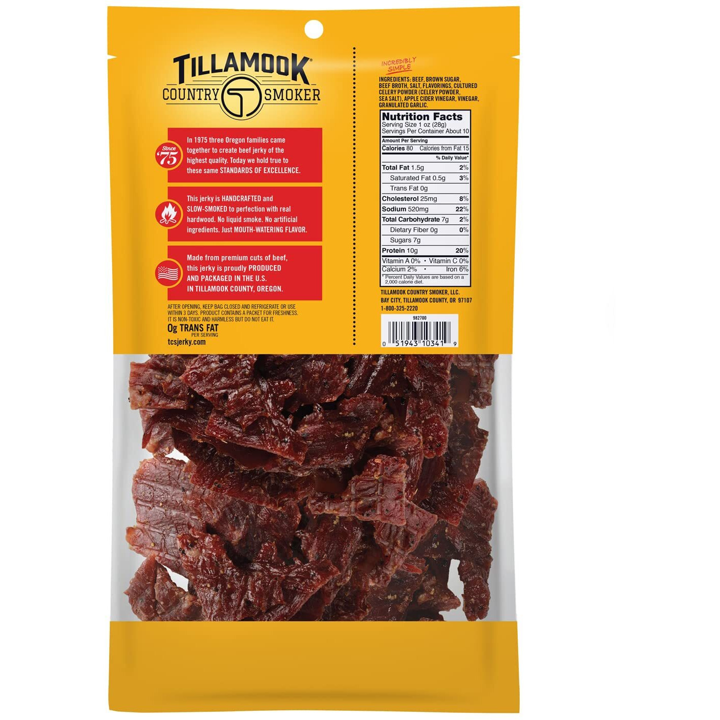 Tillamook Country Smoker Real Hardwood Smoked Beef Jerky, Old Fashioned, 10 Ounce