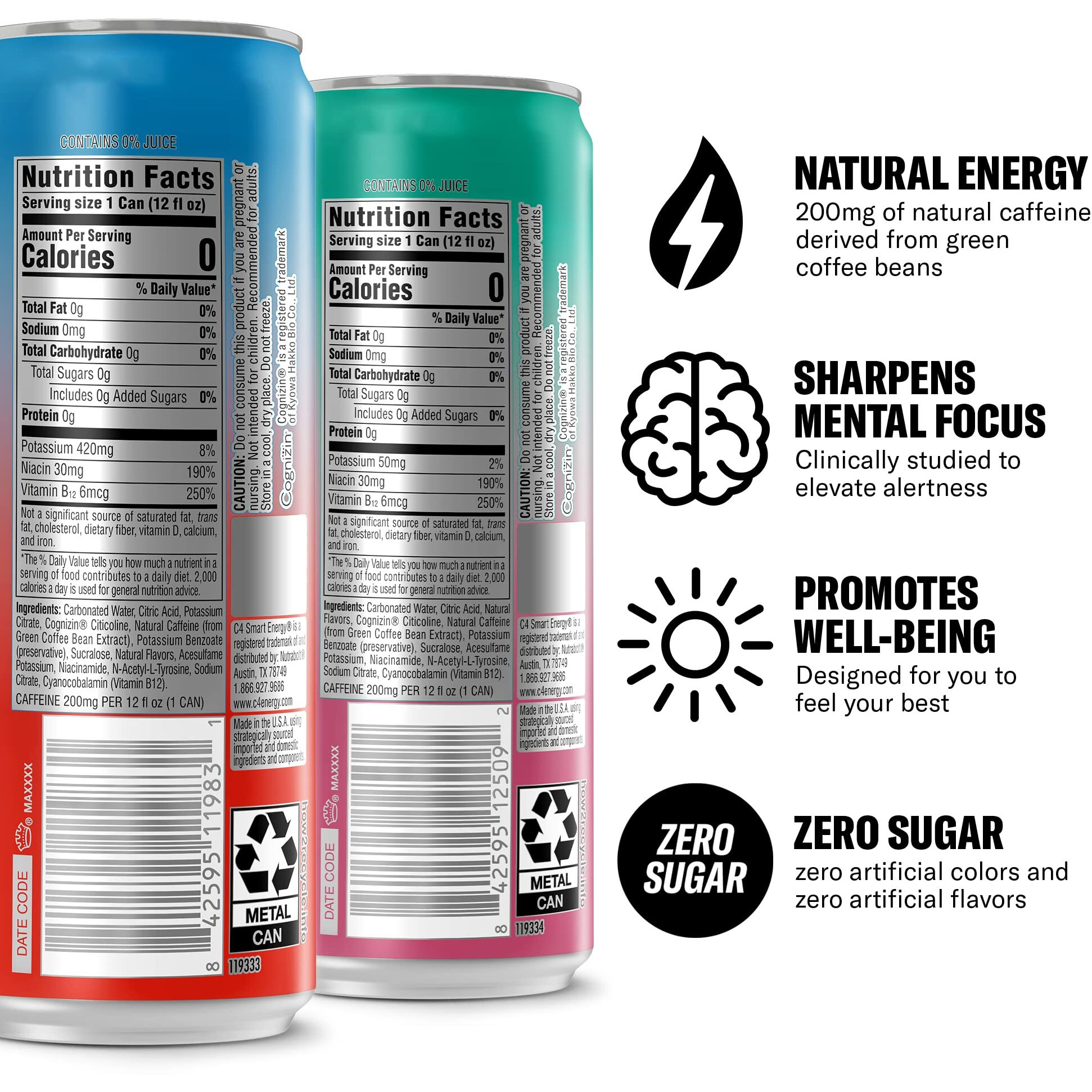 C4 Smart Energy Drinks Variety Pack, Sugar Free Performance Fuel & Nootropic Brain Booster, Coffee Substitute Or Alternative, 4 Flavor Berry Breeze Variety 12 Pack