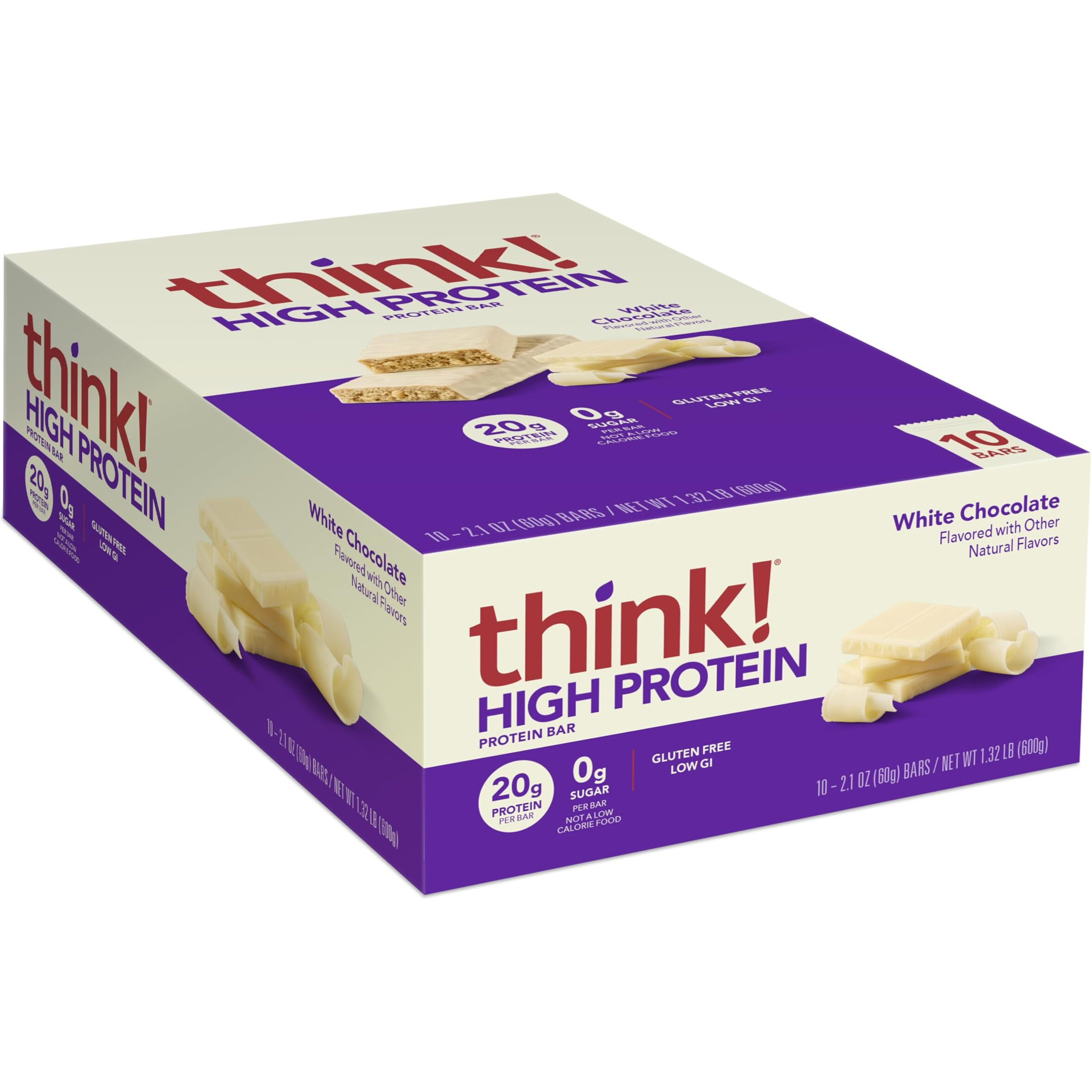 Think Protein Bars, High Protein Snacks, Gluten Free, Kosher Friendly, White Chocolate, Nutrition Bars, 2.1 Oz Per Bar, 10 Count (Packaging May Vary)