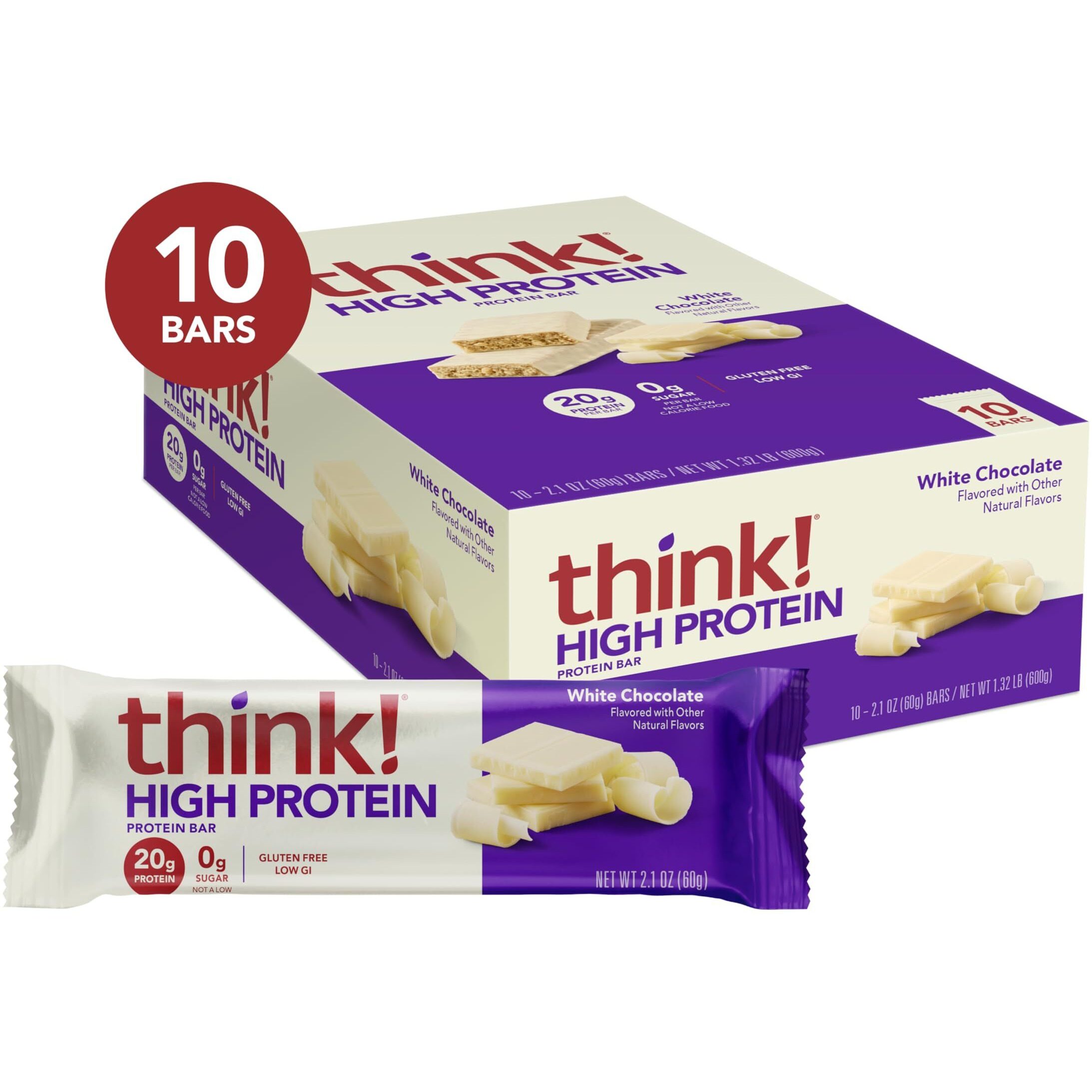 Think Protein Bars, High Protein Snacks, Gluten Free, Kosher Friendly, White Chocolate, Nutrition Bars, 2.1 Oz Per Bar, 10 Count (Packaging May Vary)