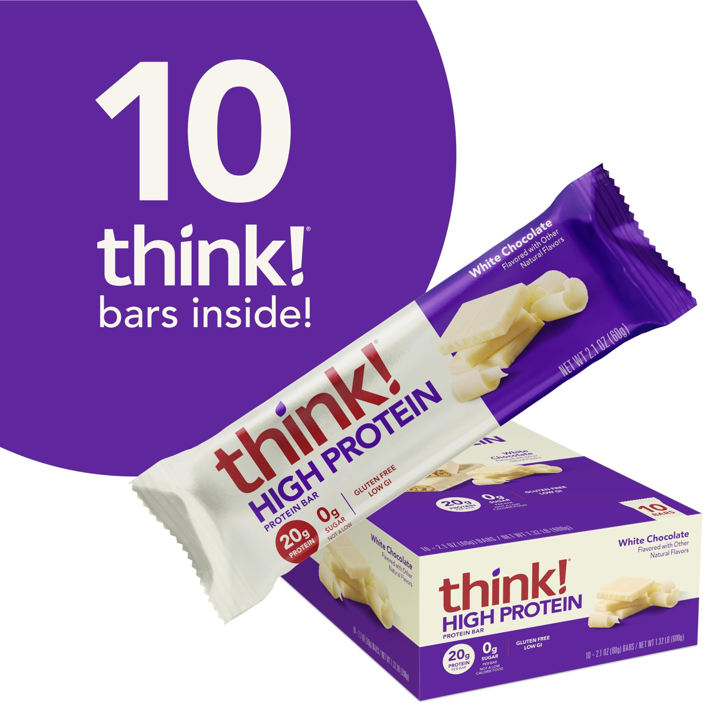 Think Protein Bars, High Protein Snacks, Gluten Free, Kosher Friendly, White Chocolate, Nutrition Bars, 2.1 Oz Per Bar, 10 Count (Packaging May Vary)