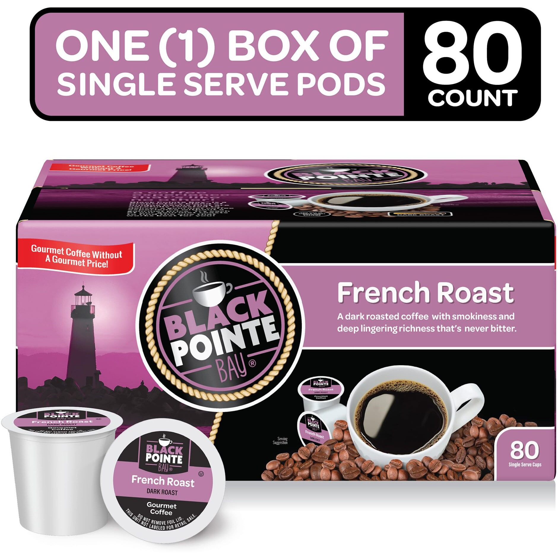 Black Pointe Bay Coffee French Roast, Dark Roast, 80 Count, Single Serve Coffee Pods For Keurig K-Cup Brewers
