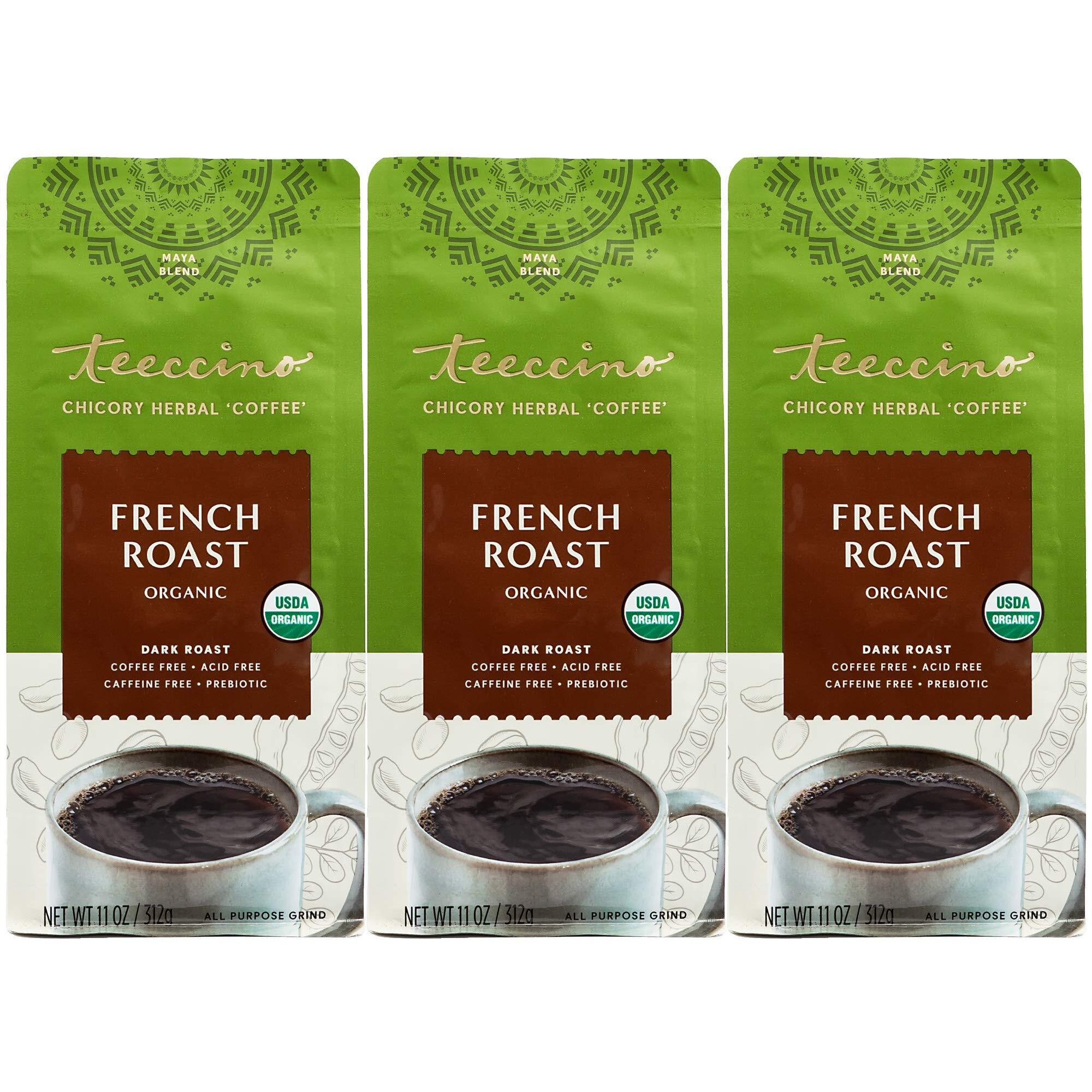 Teeccino French Roast Chicory Coffee Alternative - Ground Herbal Coffee Thats Prebiotic, Caffeine-Free & Acid Free, Dark Roast, 11 Ounce (Pack Of 3)