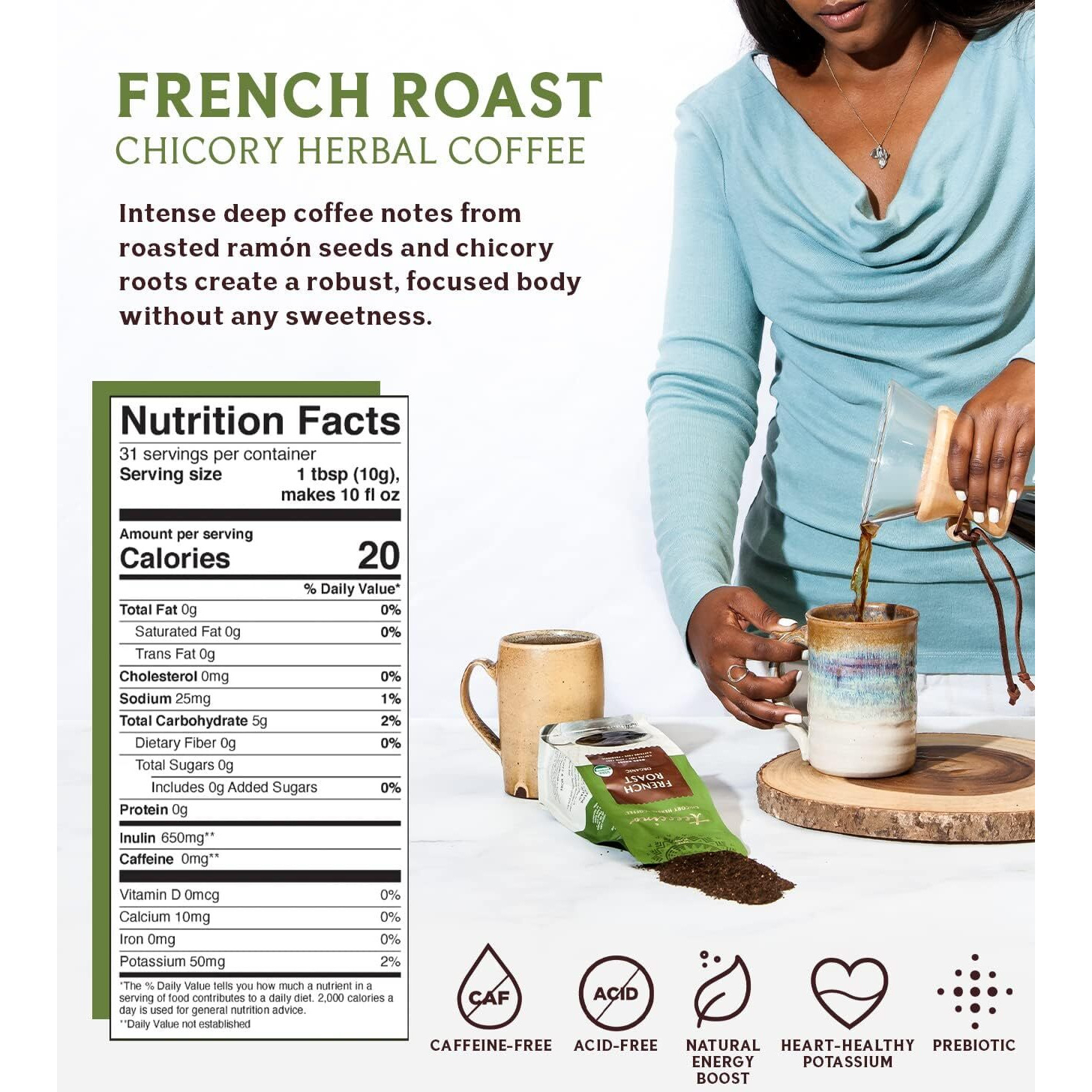 Teeccino French Roast Chicory Coffee Alternative - Ground Herbal Coffee Thats Prebiotic, Caffeine-Free & Acid Free, Dark Roast, 11 Ounce (Pack Of 3)