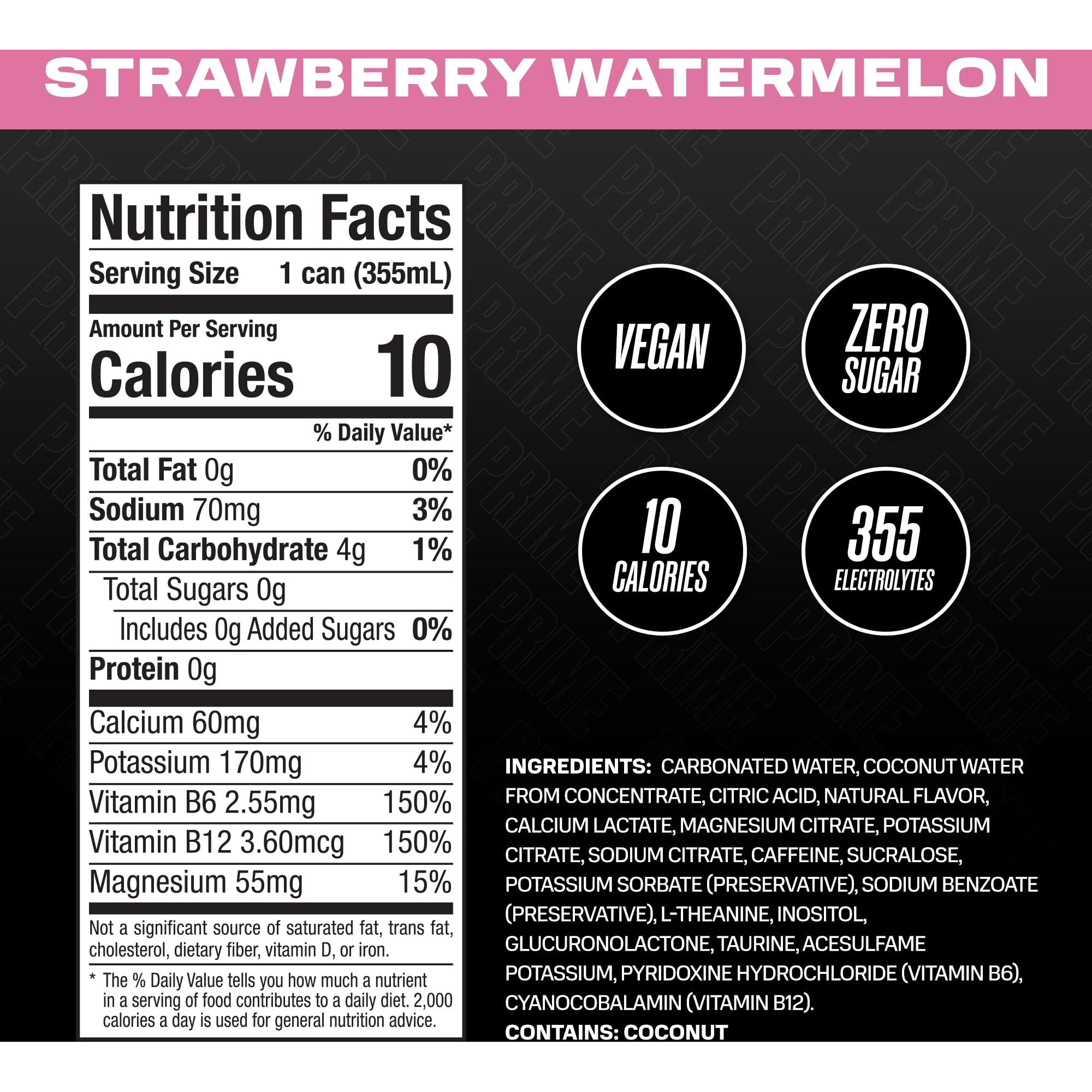 Prime Energy Drink By Logan Paul & Ksi Naturally Flavored, 200Mg Caffeine, Zero Sugar, 300Mg Electrolytes, Vegan, 12 Fl Oz Per Can (Strawberry Watermelon, 24 Pack)