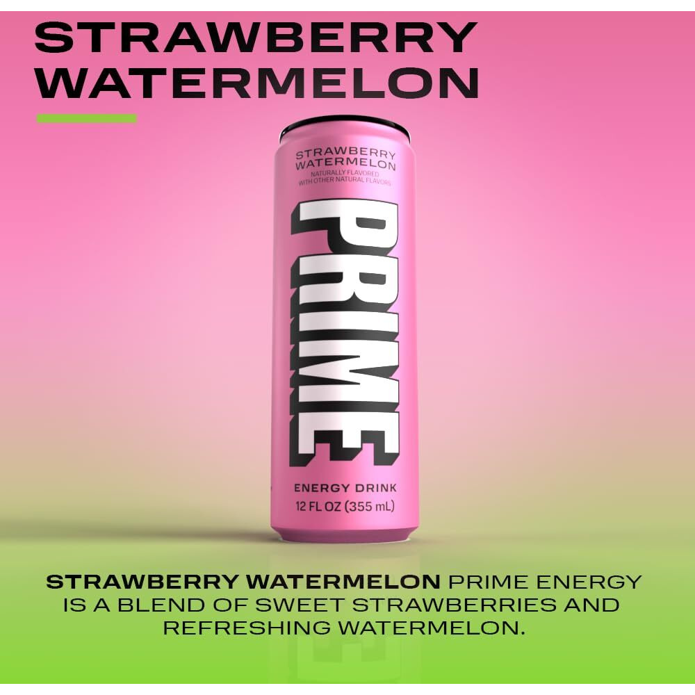 Prime Energy Drink By Logan Paul & Ksi Naturally Flavored, 200Mg Caffeine, Zero Sugar, 300Mg Electrolytes, Vegan, 12 Fl Oz Per Can (Strawberry Watermelon, 24 Pack)