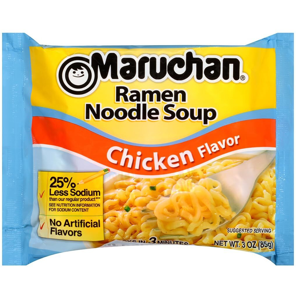 Maruchan Ramen Less Sodium Chicken, Instant Ramen Noodles, Ready To Eat Meals, 3 Oz, 24 Count