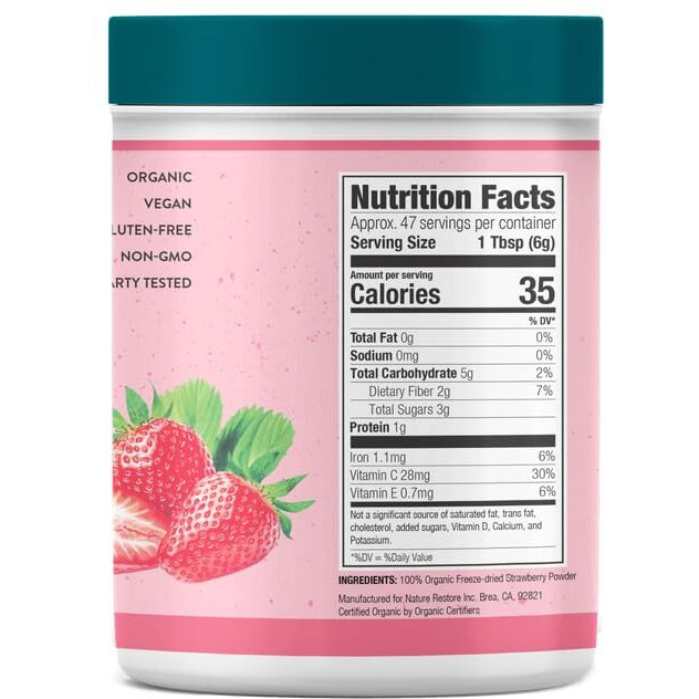 Nature Restore Usda Certified Organic Freeze Dried Strawberry Powder, 10 Ounces, Non Gmo, Gluten Free, Vegan