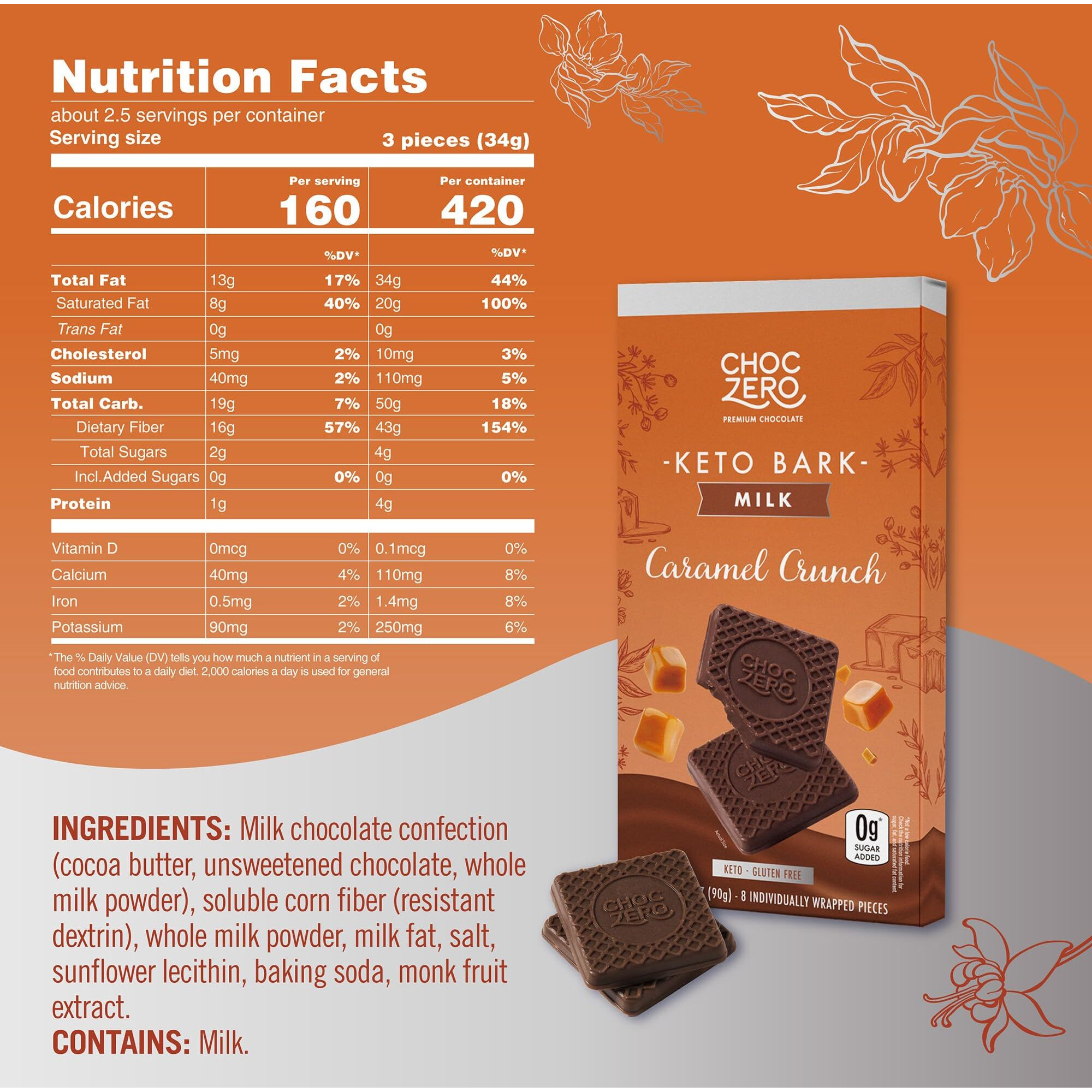 Choczero Caramel Crunch Keto Bark, Milk Chocolate, No Added Sugar, Gluten Free, Low Carb, 3.2 Ounce (Pack Of 4)