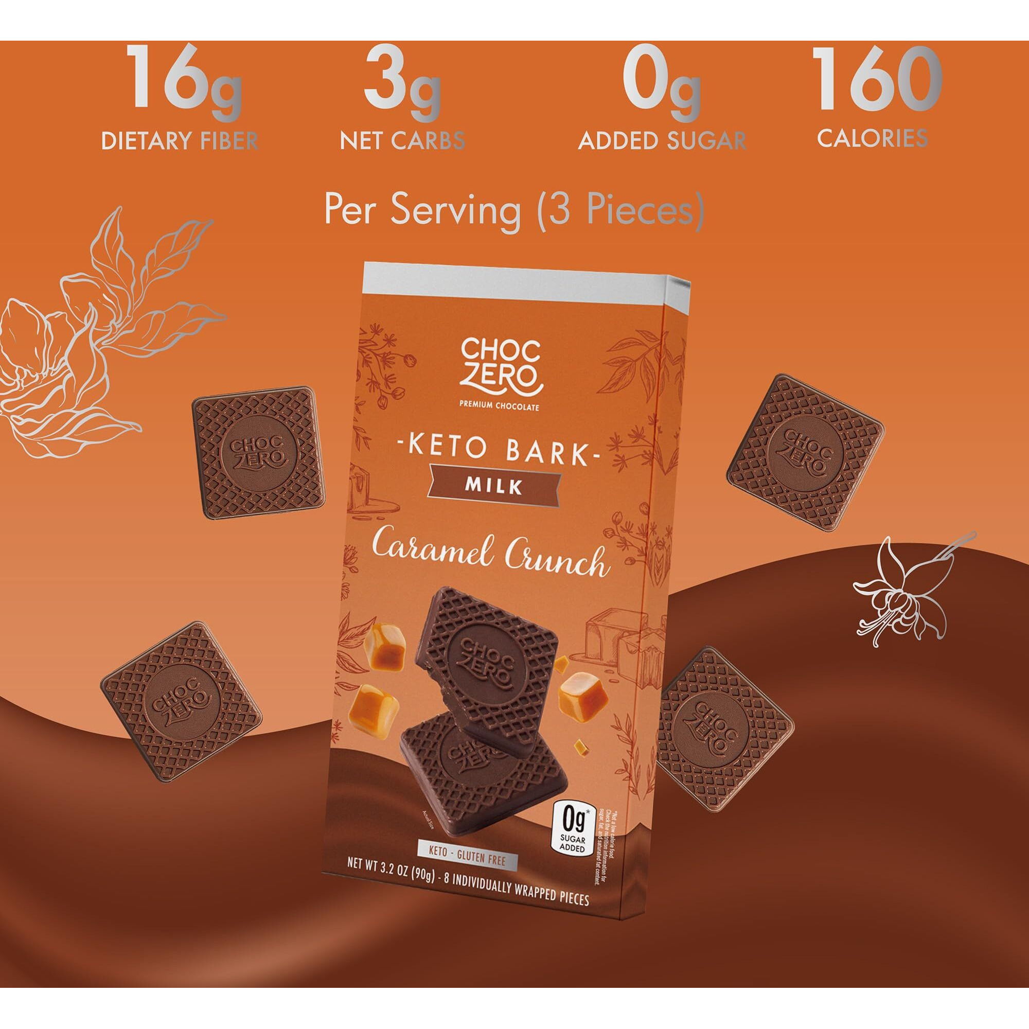 Choczero Caramel Crunch Keto Bark, Milk Chocolate, No Added Sugar, Gluten Free, Low Carb, 3.2 Ounce (Pack Of 4)