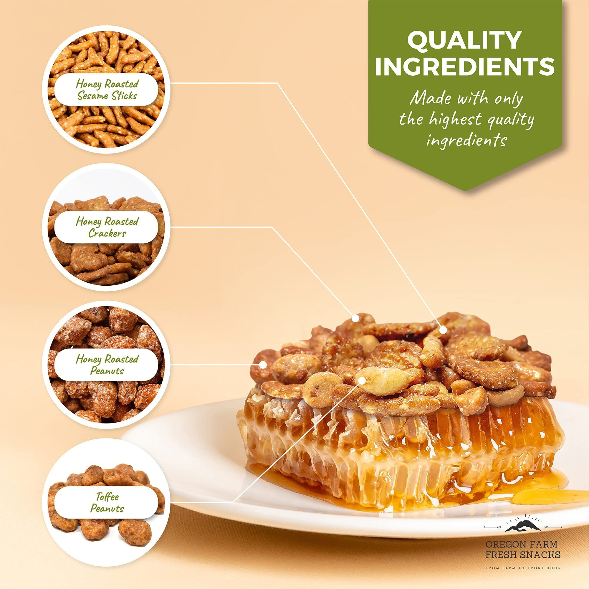 Oregon Farm Fresh Snacks Honey Roasted Nuts And Crackers Mix - Locally Made Honey Roasted Sesame Sticks And Nuts Mix - Enjoy The Perfect Mix Of Sweet & Salty - Honey Roasted Mixed Nuts (16Oz)