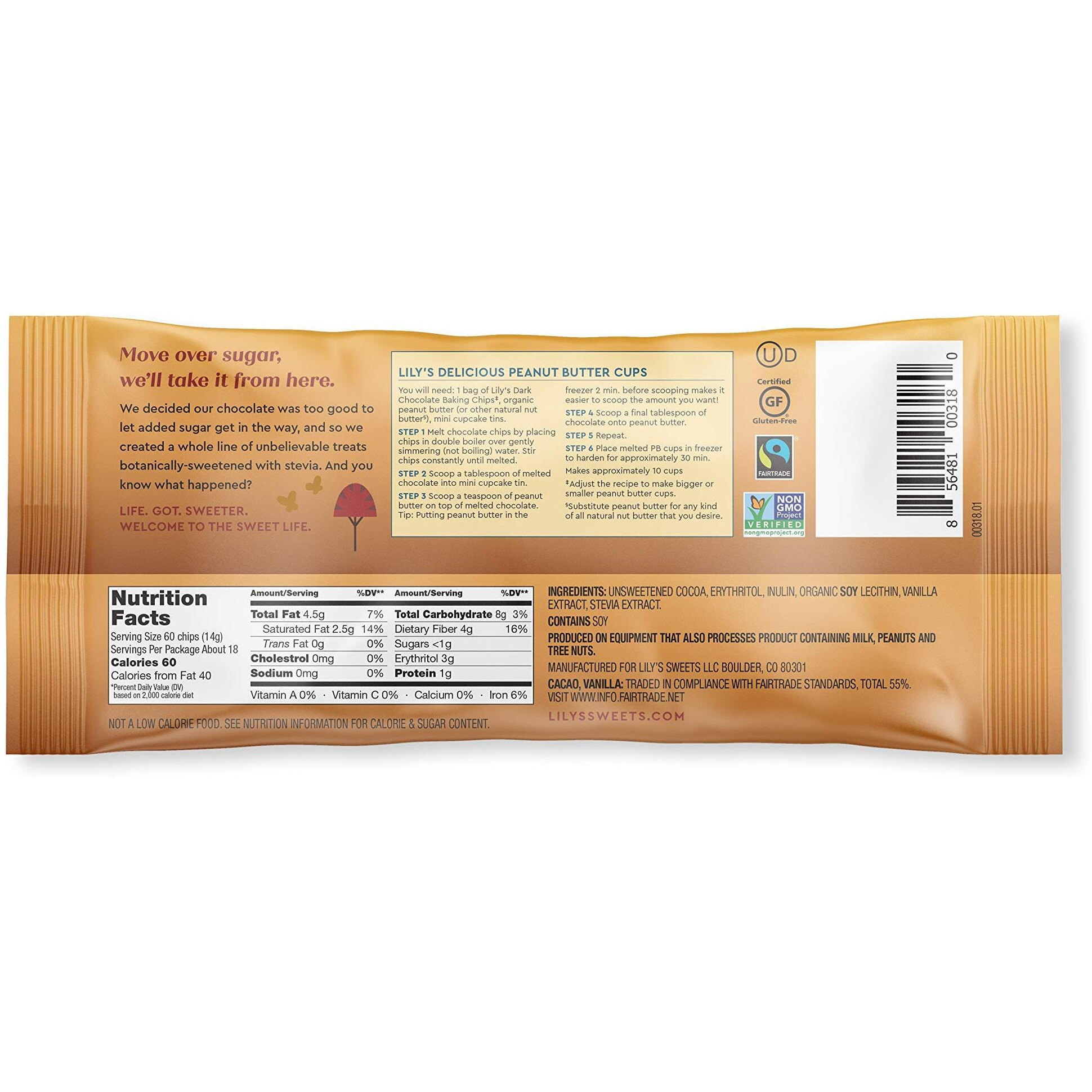 Dark Chocolate Chips By Lily's | Stevia Sweetened, No Added Sugar, Low-Carb, Keto Friendly | 55% Cocoa | Fair Trade, Gluten-Free & Non-Gmo | 9 Ounce, 3-Pack, Brown, 4001A3