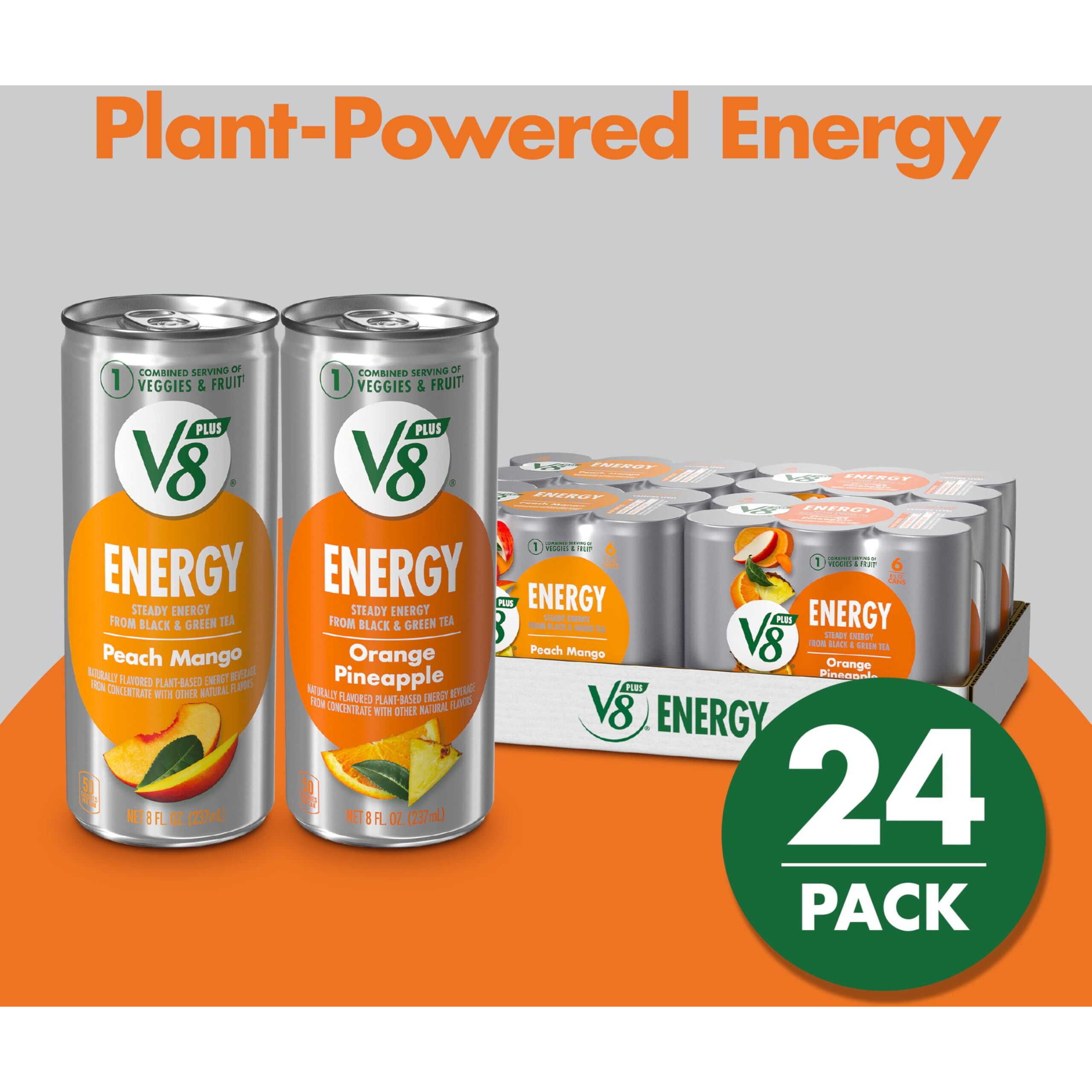 V8 +Energy Peach Mango And Orange Pineapple Juice Energy Drinks, 8 Fl Oz Can (24 Pack)