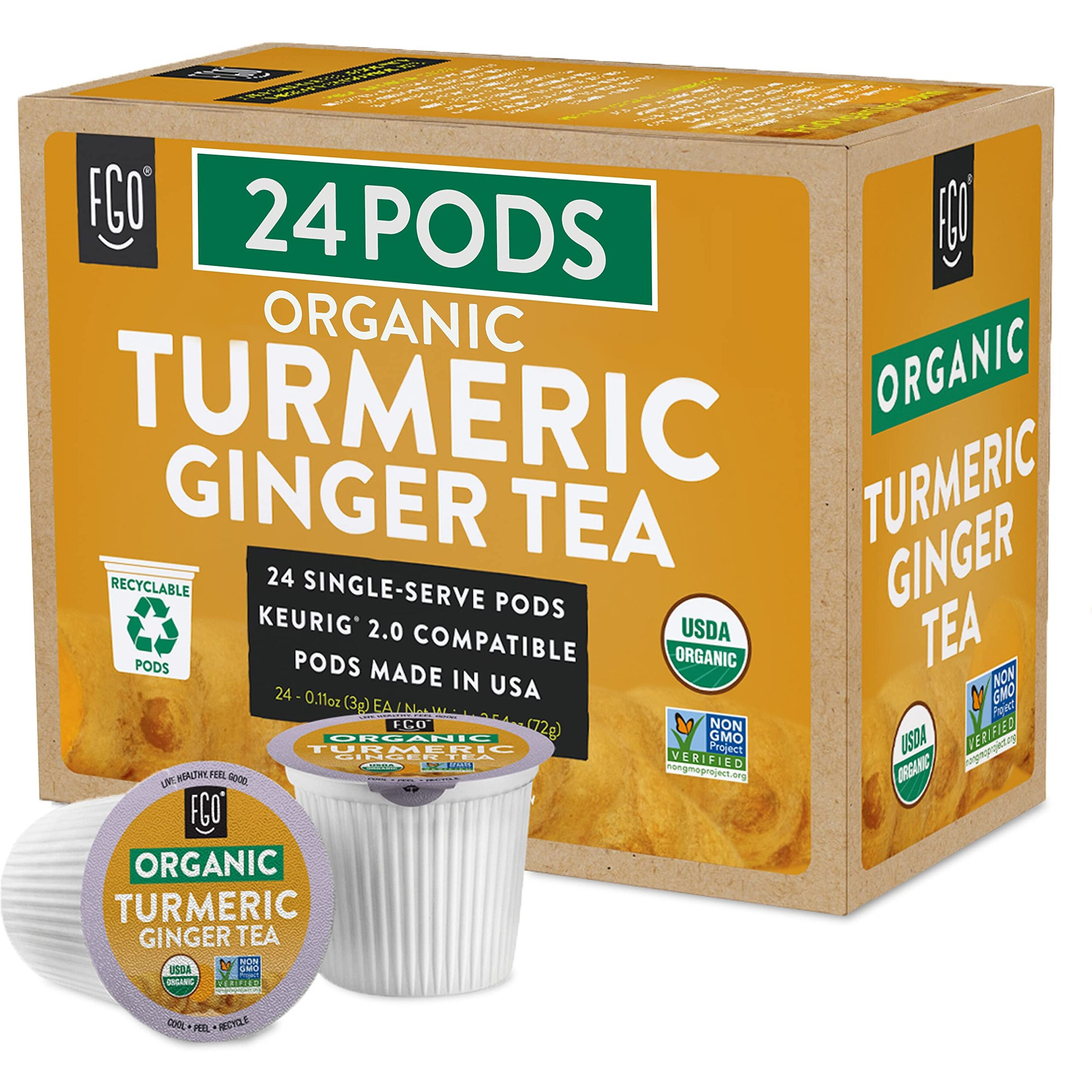 Organic Turmeric Ginger Tea K-Cup Pods, 24 Pods By Fgo - Keurig Compatible - Naturally Caffeine-Free Herbal Tea, Premium Green Tea Is Usda Organic, Non-Gmo, & Recyclable