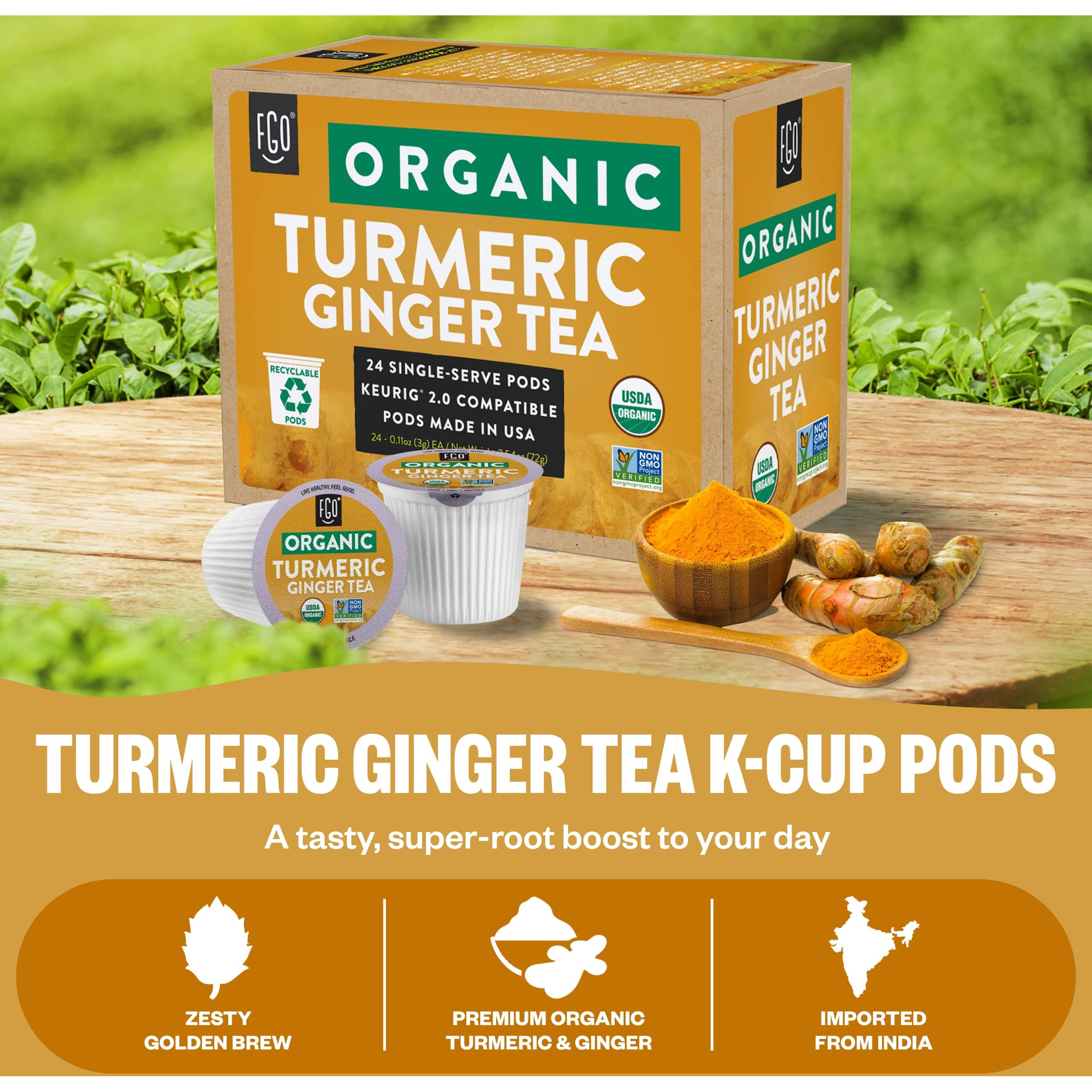 Organic Turmeric Ginger Tea K-Cup Pods, 24 Pods By Fgo - Keurig Compatible - Naturally Caffeine-Free Herbal Tea, Premium Green Tea Is Usda Organic, Non-Gmo, & Recyclable