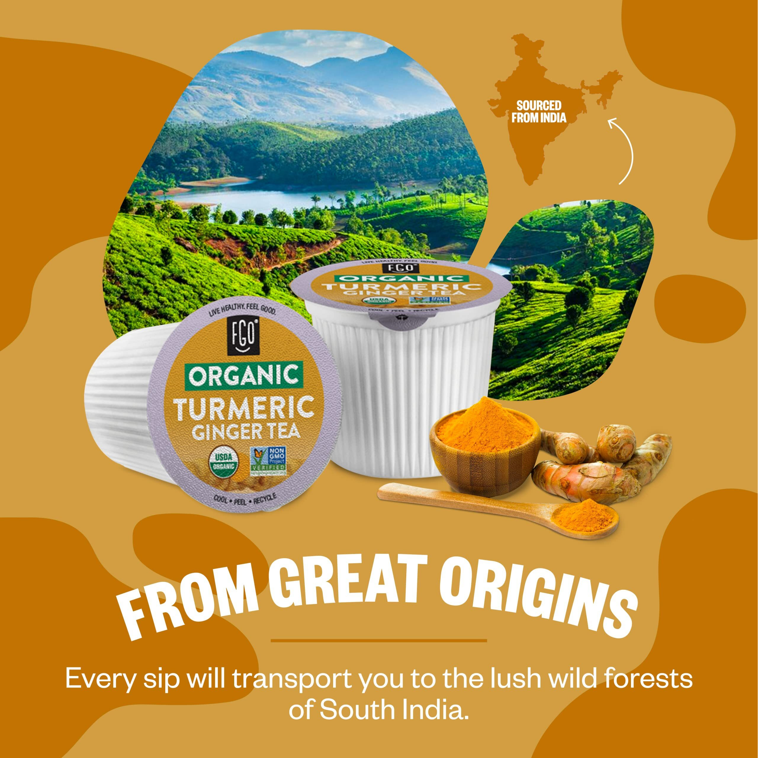 Organic Turmeric Ginger Tea K-Cup Pods, 24 Pods By Fgo - Keurig Compatible - Naturally Caffeine-Free Herbal Tea, Premium Green Tea Is Usda Organic, Non-Gmo, & Recyclable