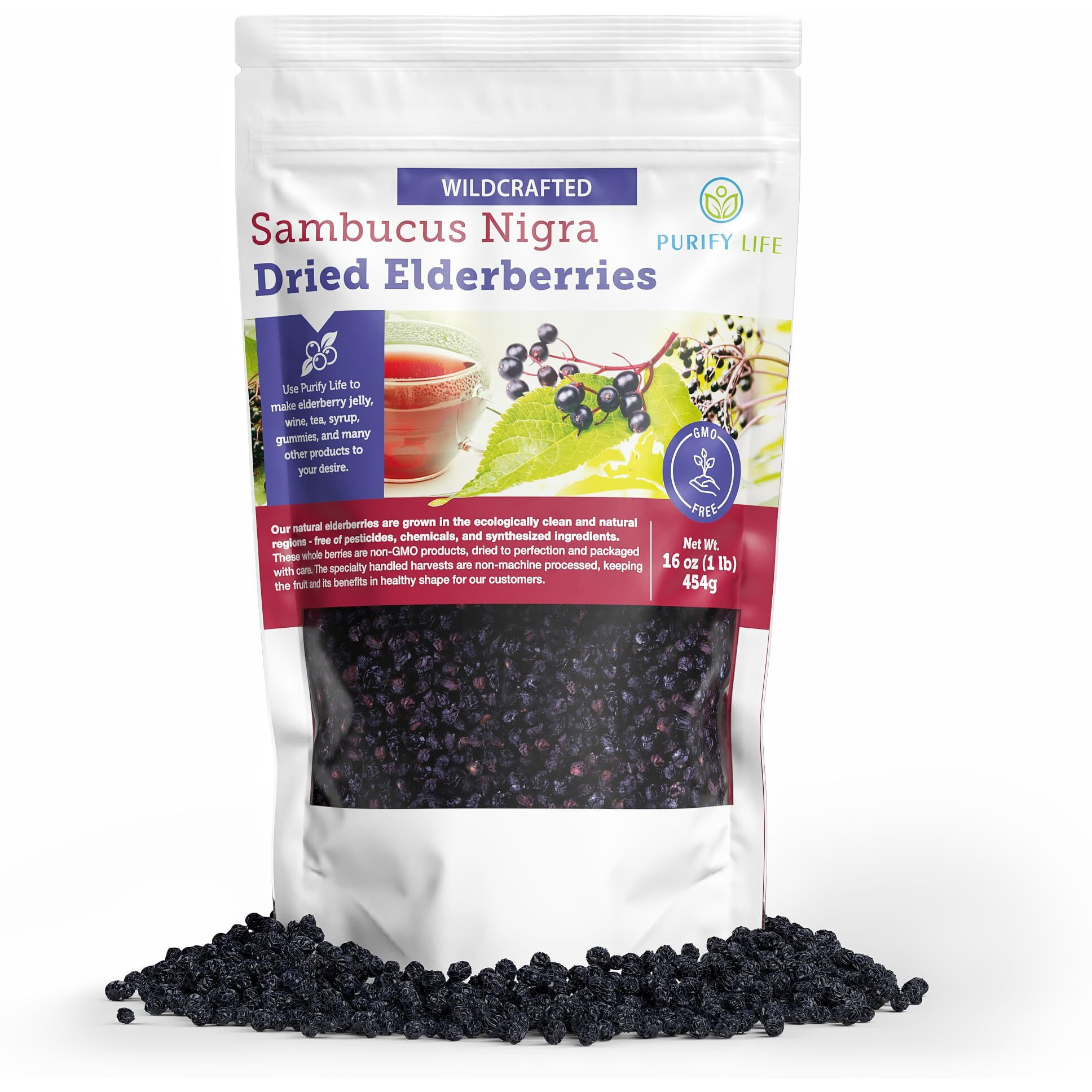 Dried Elderberries - 1Lb Bulk - Hand-Sorted, Wildcrafted, Natural, Non-Gmo, Whole European Immune System Support For Black Elderberry Syrup, Gummies, Jelly, Tea, Wine, Raw Sambucus, One Pound