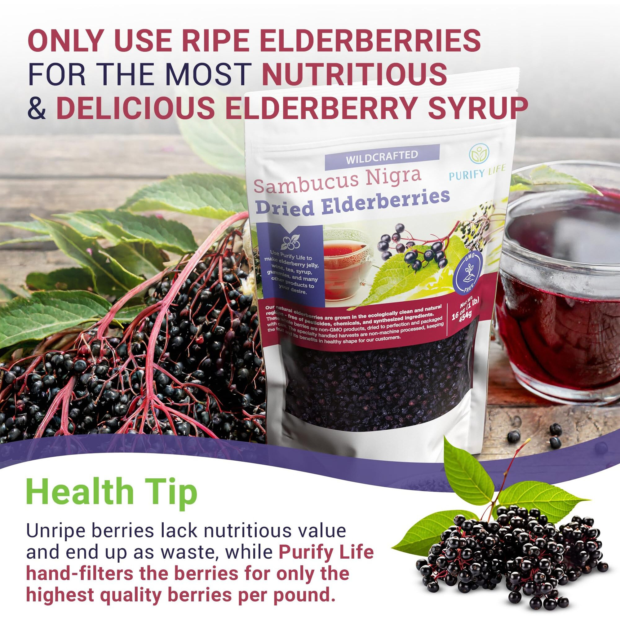 Dried Elderberries - 1Lb Bulk - Hand-Sorted, Wildcrafted, Natural, Non-Gmo, Whole European Immune System Support For Black Elderberry Syrup, Gummies, Jelly, Tea, Wine, Raw Sambucus, One Pound