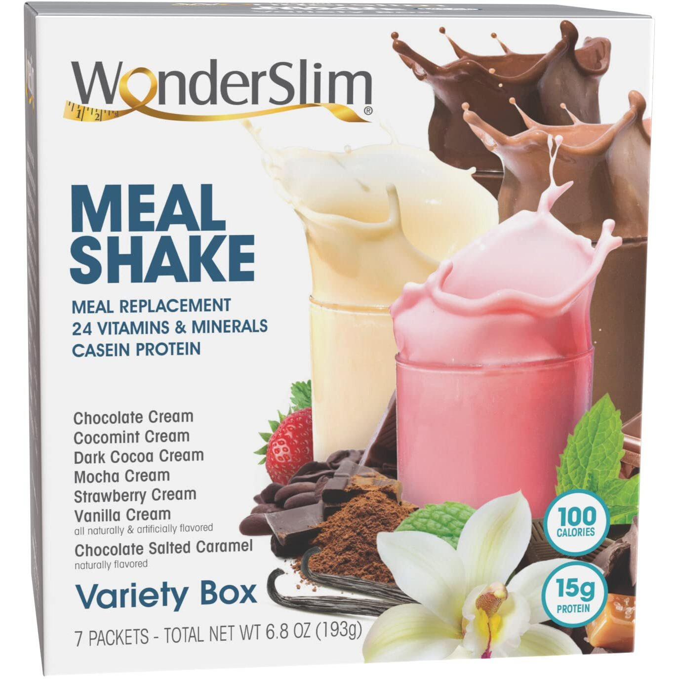 Wonderslim Meal Replacement Shake, Variety Pack, 15G Protein, 24 Vitamins & Minerals, Gluten Free (7Ct)
