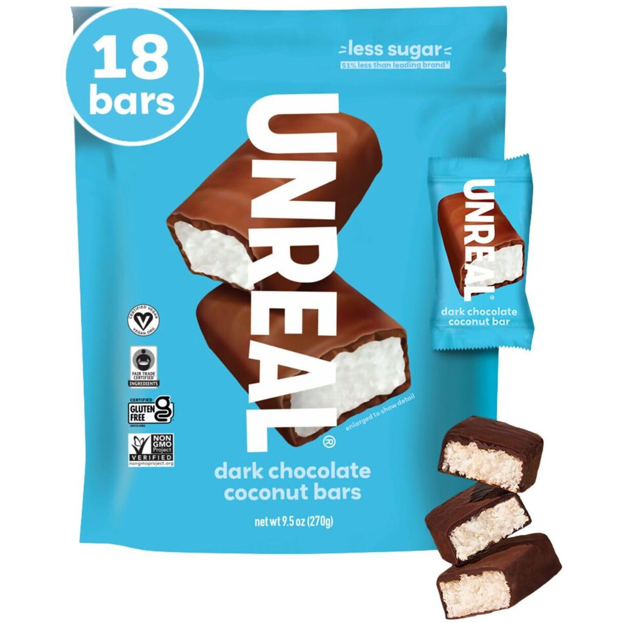 Unreal Dark Chocolate Coconut Bars (Value Size Bag) | Vegan, 3G Sugar, & 3 Simple Ingredients | Non-Gmo, Gluten Free, & Fair Trade | 9.5Oz