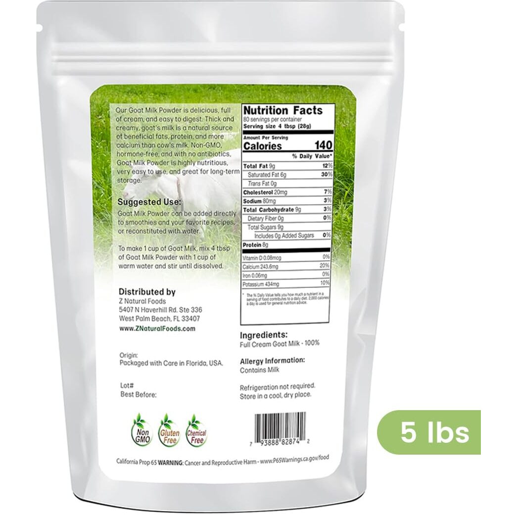Z Natural Foods Goat Milk Powder - Pure Netherlands Full Cream Milk, Powdered Goat Milk, Highly Nutritious, Easy Digestion - Whole Goats Milk For Adults For Smoothies, Cooking, Baking, 5 Lbs