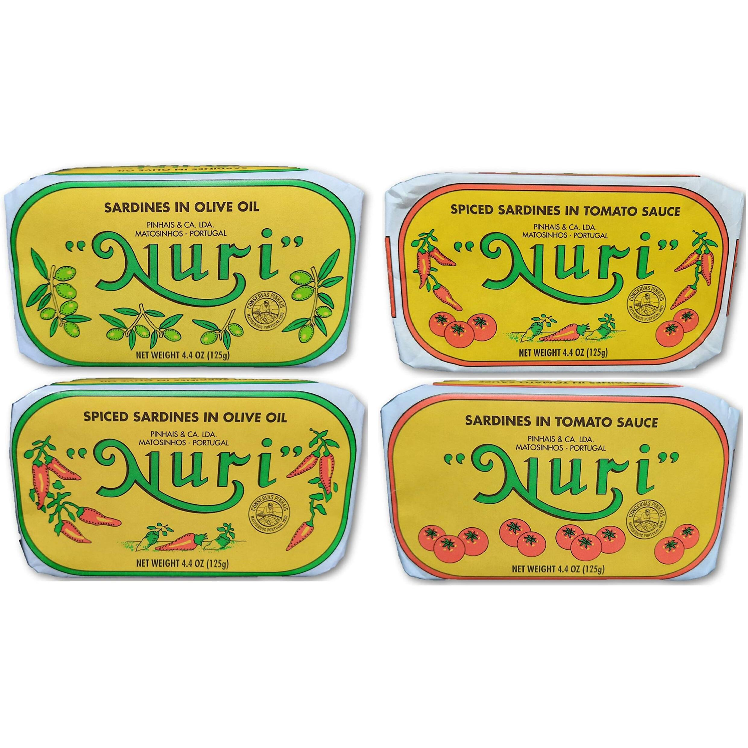 Nuri Portuguese Sardines Variety Pack | 4 Pack Bundle | One Of Each | Pure Olive Oil, Spiced Pure Olive Oil, Tomato And Olive Oil And Spiced Tomato And Olive Oil