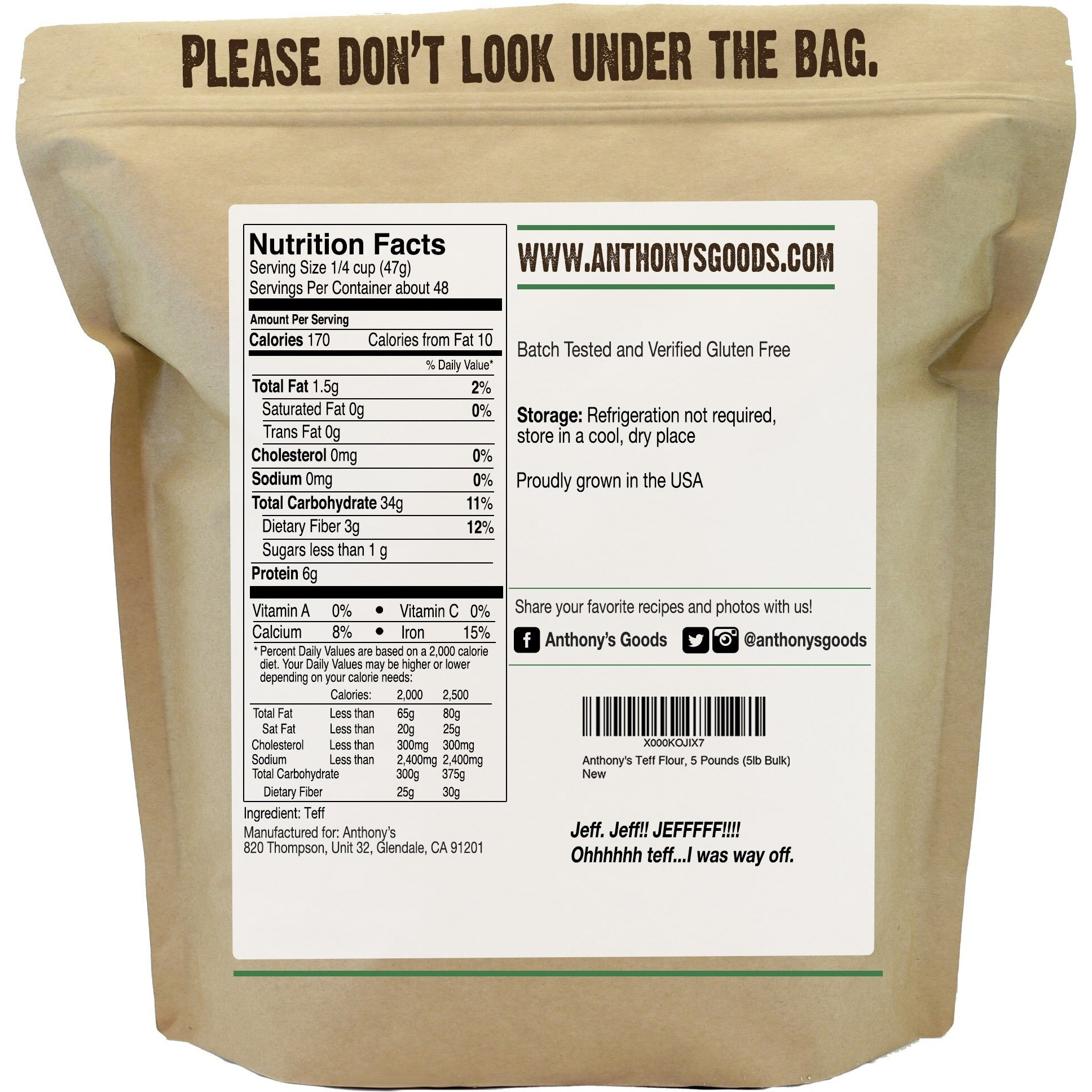 Anthony's Brown Teff Flour, 5 Lb, Batch Tested Gluten Free