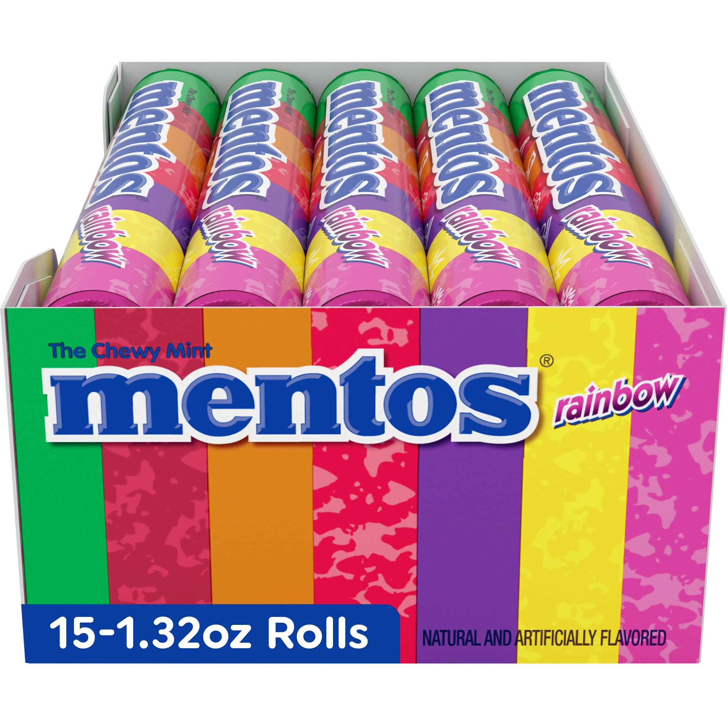 Mentos Chewy Mint Candy Roll, Rainbow, Non Melting, Party, 14 Pieces (Bulk Pack Of 15)