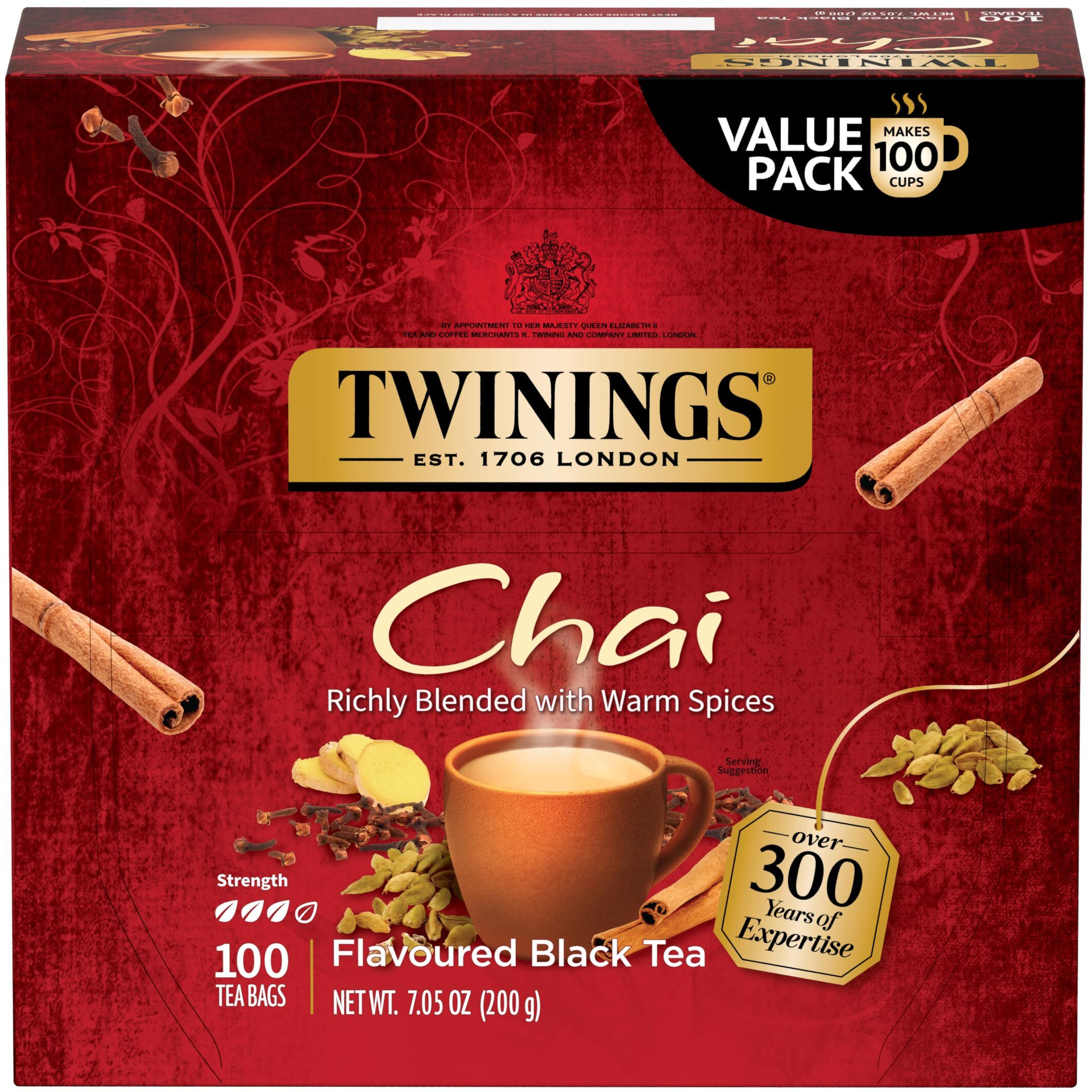 Twinings Chai Black Tea Individually Wrapped Bags, 100 Count (Pack Of 1), Richly Blended With Warm Spices, Caffeinated, Enjoy Hot Or Iced