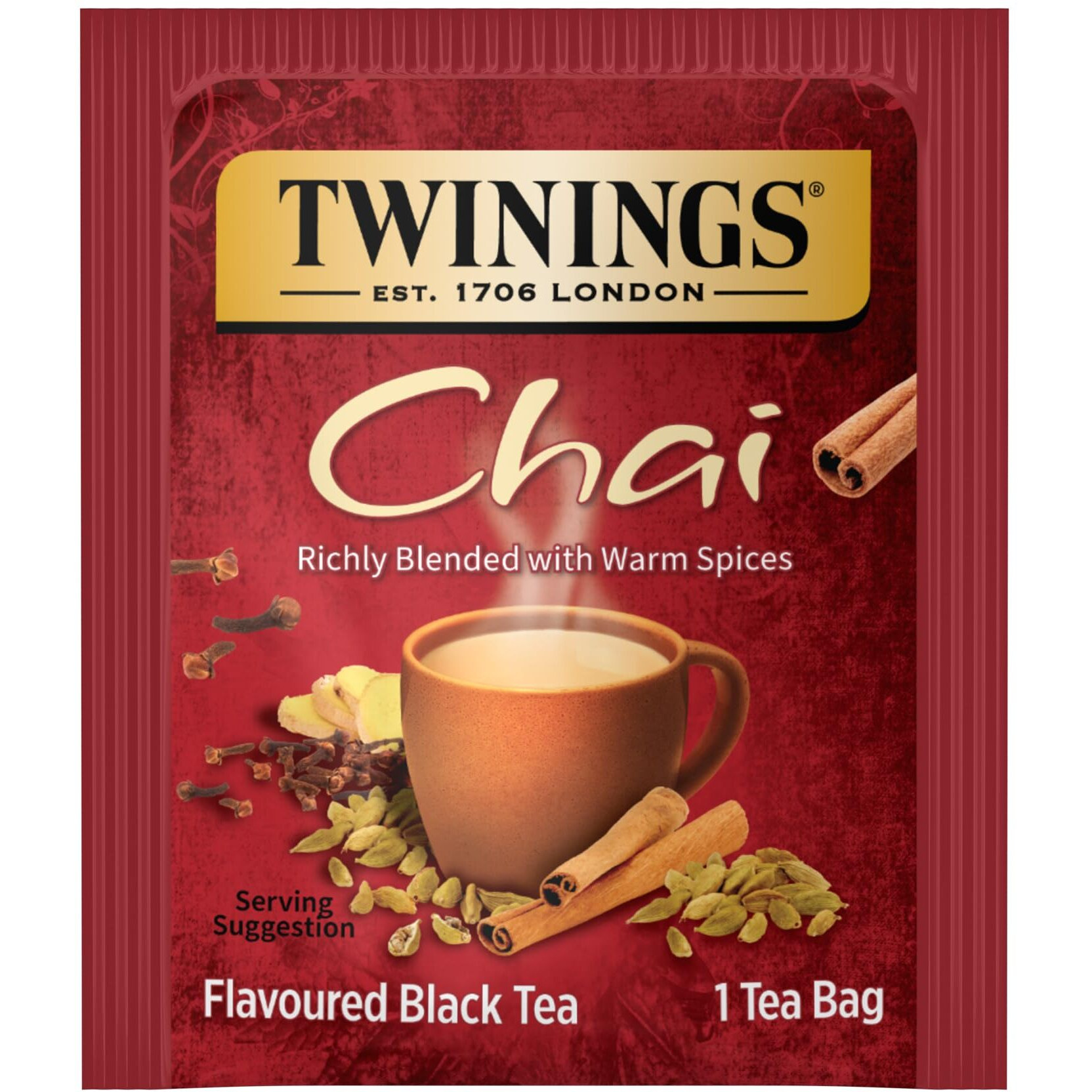 Twinings Chai Black Tea Individually Wrapped Bags, 100 Count (Pack Of 1), Richly Blended With Warm Spices, Caffeinated, Enjoy Hot Or Iced