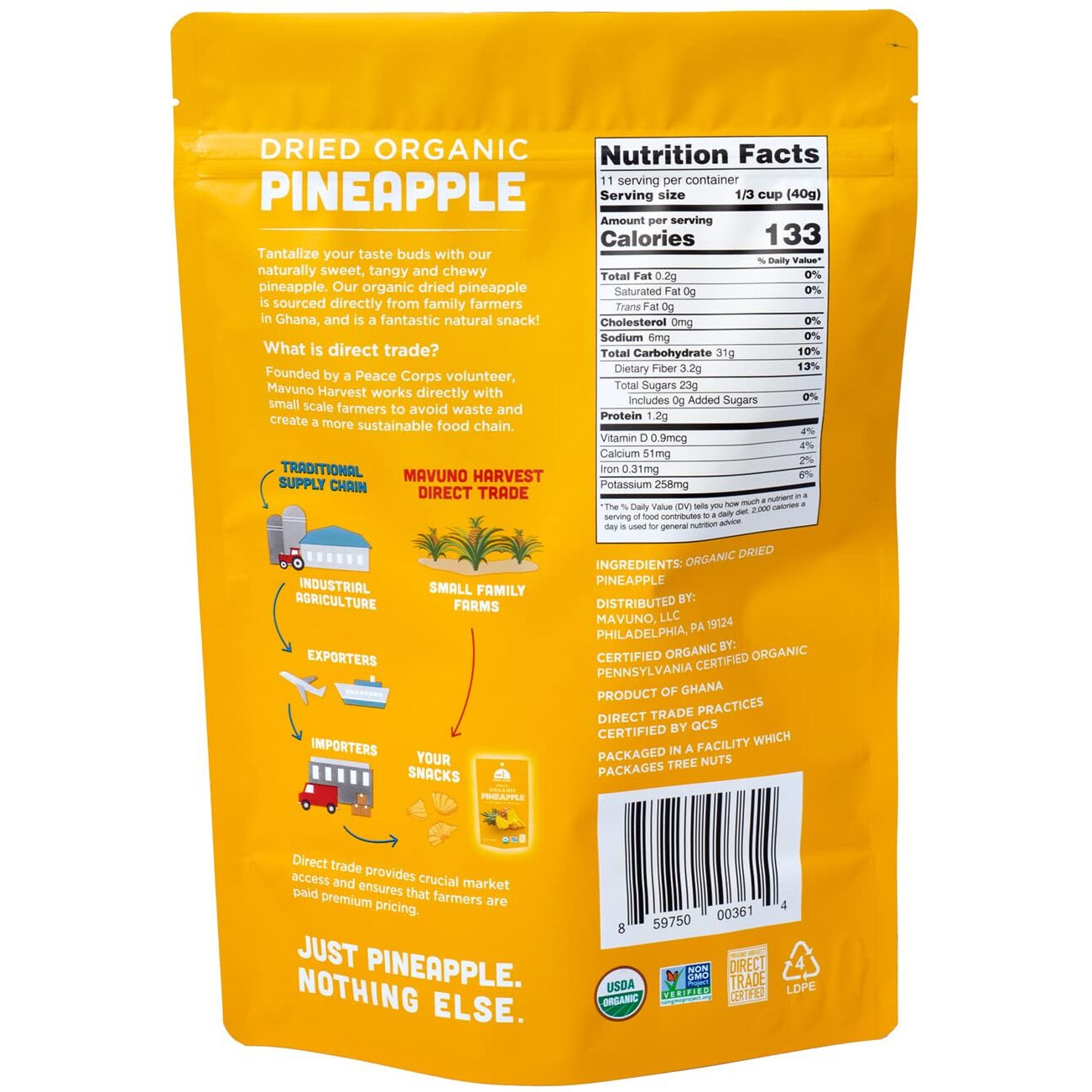 Mavuno Harvest Pineapple Dried Fruit Snacks | Organic Dried Pineapple Chunks | Gluten Free Healthy Snacks For Kids And Adults | No Sugar Added, Vegan, Non Gmo, Direct Trade | 1 Pound Resealable Bag