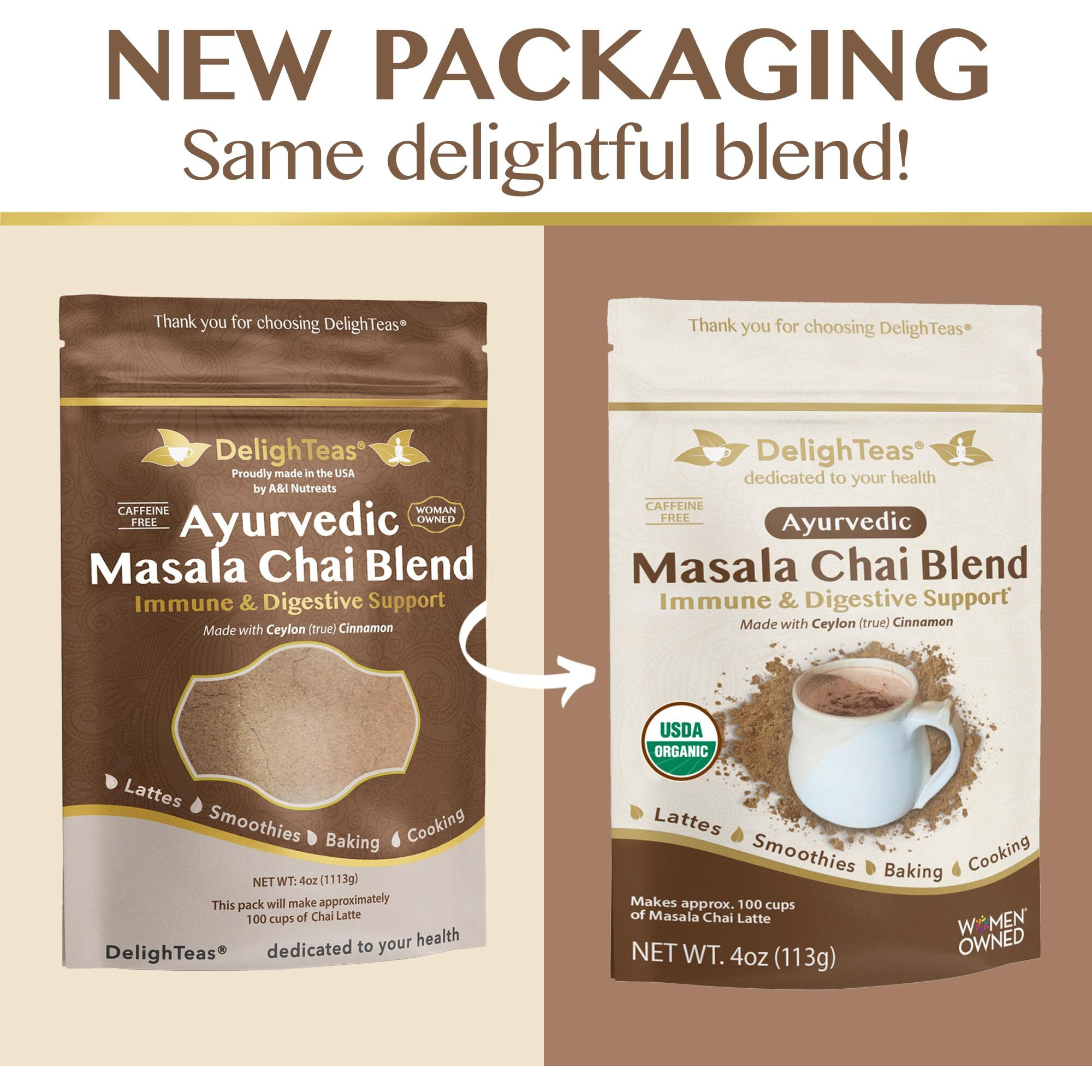 Delighteas Organic Masala Chai Powder | Caffeine Free, Unsweetened, Vegan, Keto | Ayurvedic Digestive Support Blend For Chai Spice Tea | 100 Servings, 4Oz