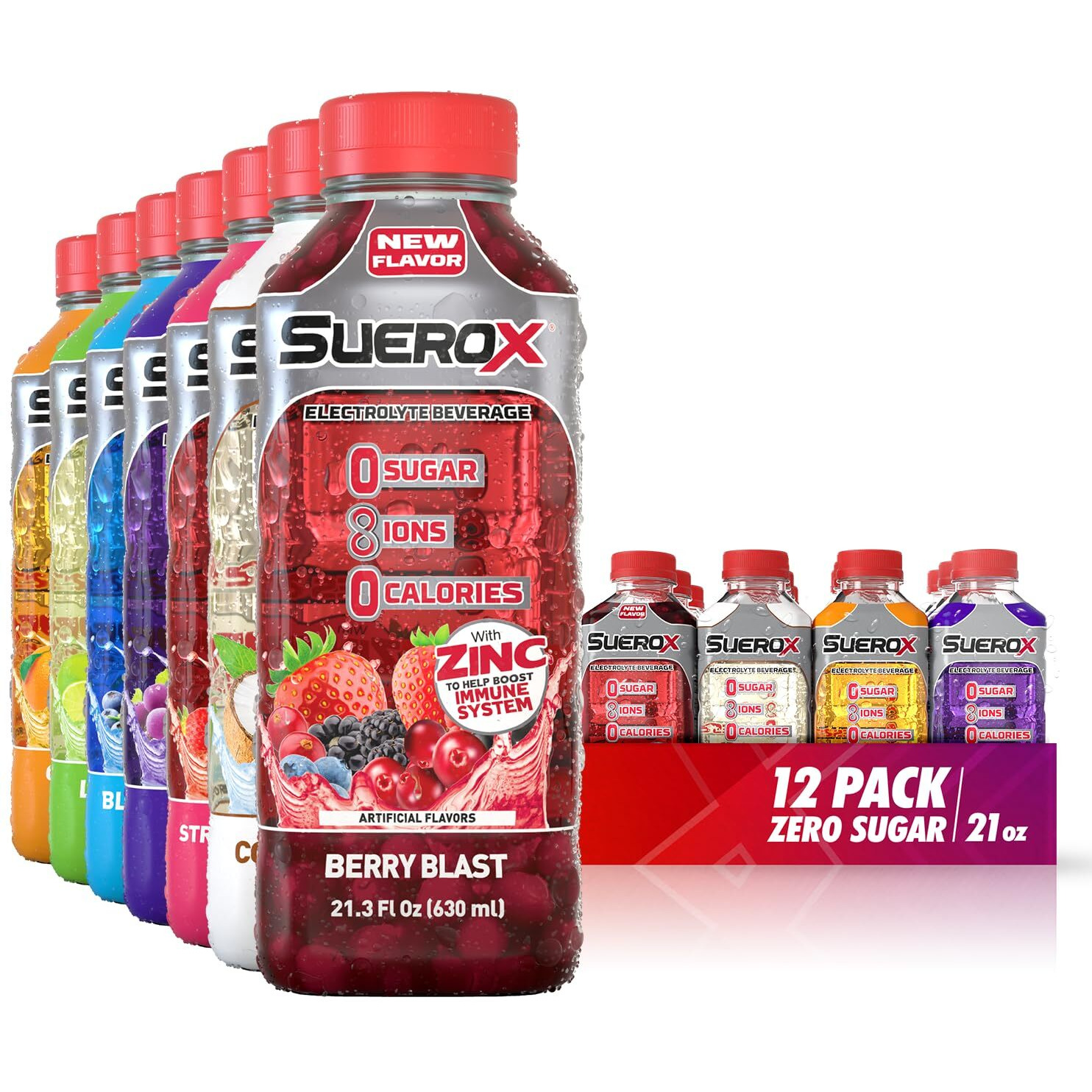 Suerox Zero Sugar Electrolyte Drink For Hydration And Recovery, Unique Blend Of Electrolytes & 8 Ions, Zero Calorie Sports Drink, 21.3 Fl Oz, Ultimate Pack, 12 Count