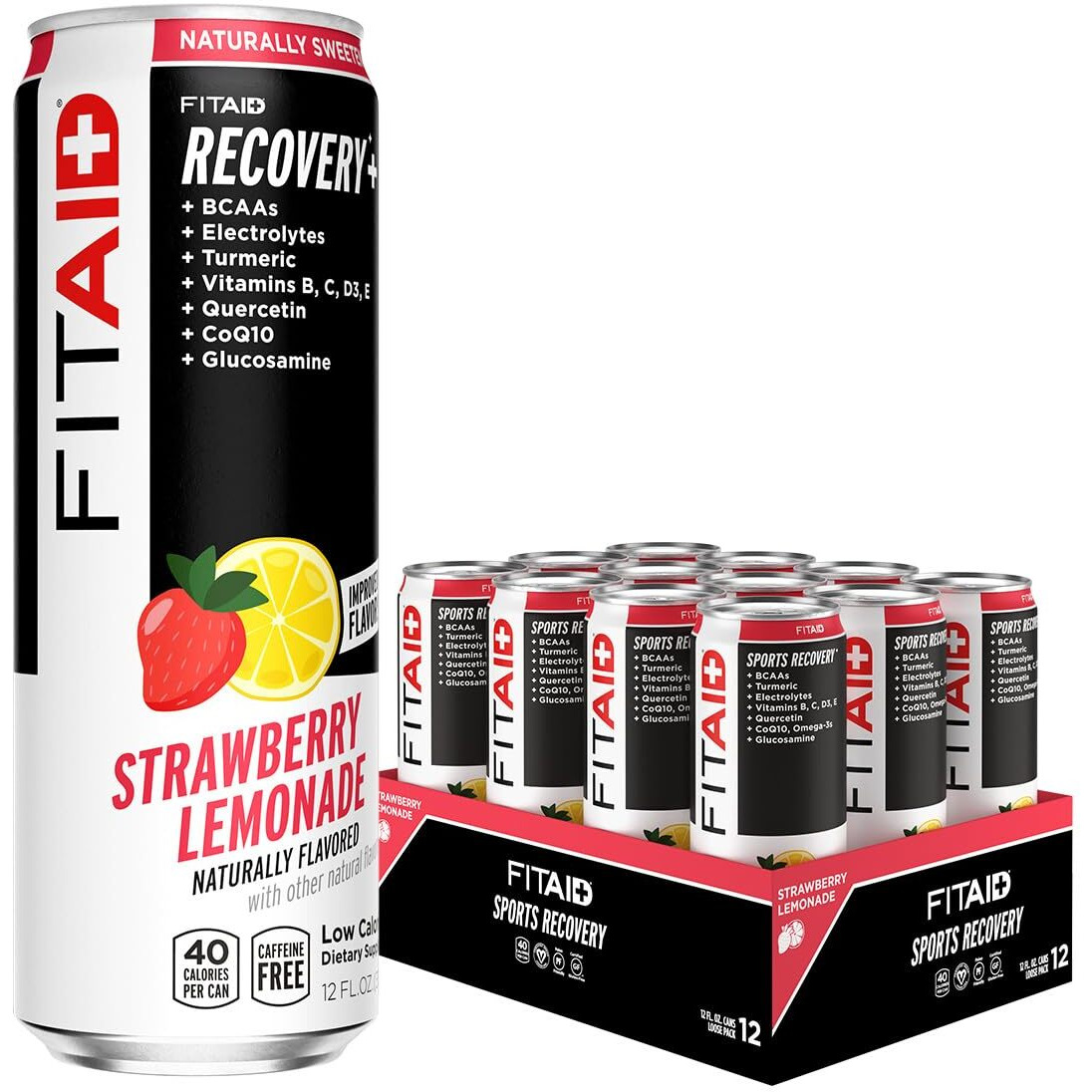 Fitaid Post Workout Recovery Drink, Strawberry Lemonade, Bcaas, Glucosamine, Electrolytes, All In One Can, Paleo, Vegan & Gluten-Free, 40 Calories, 12 Fl Oz (Pack Of 12)