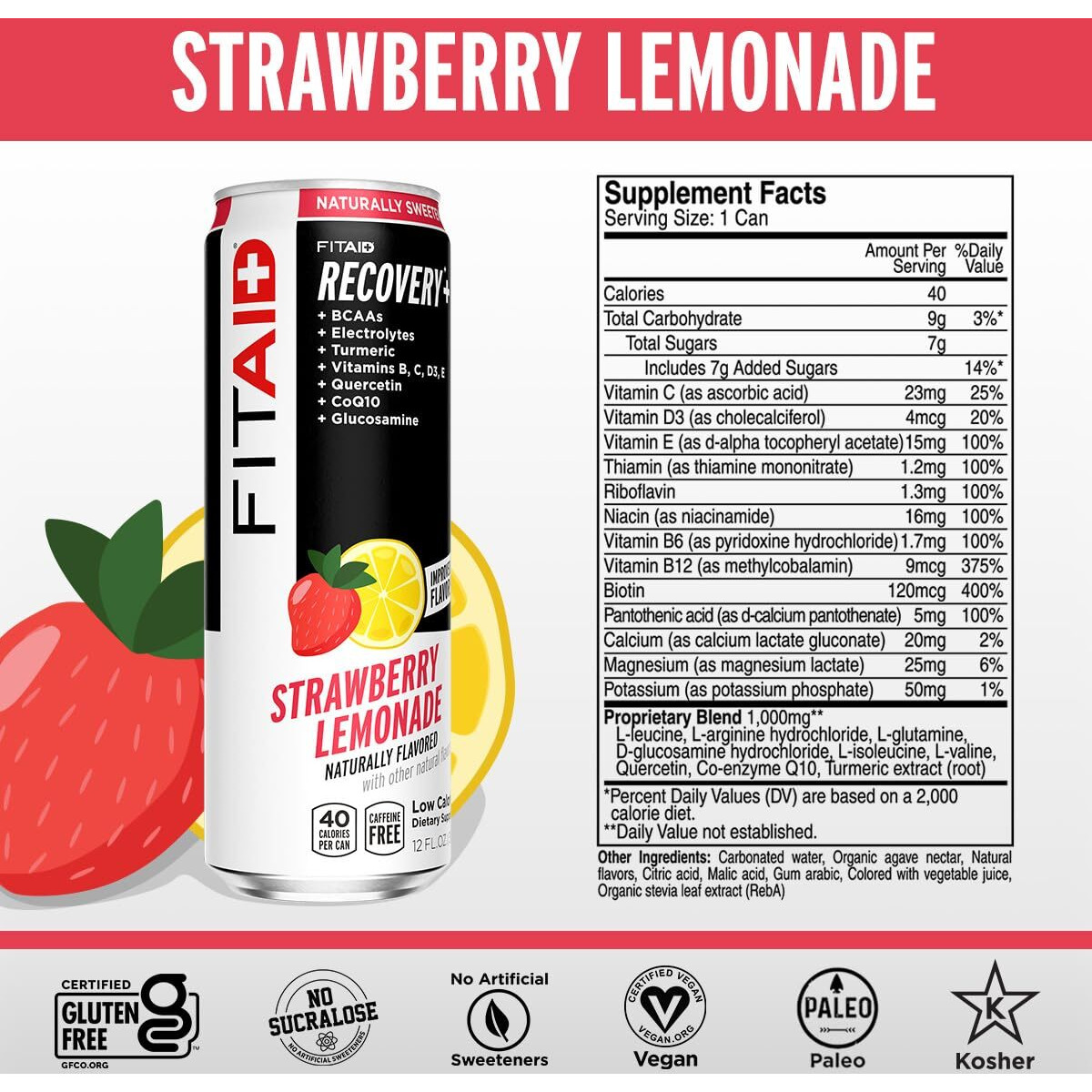 Fitaid Post Workout Recovery Drink, Strawberry Lemonade, Bcaas, Glucosamine, Electrolytes, All In One Can, Paleo, Vegan & Gluten-Free, 40 Calories, 12 Fl Oz (Pack Of 12)