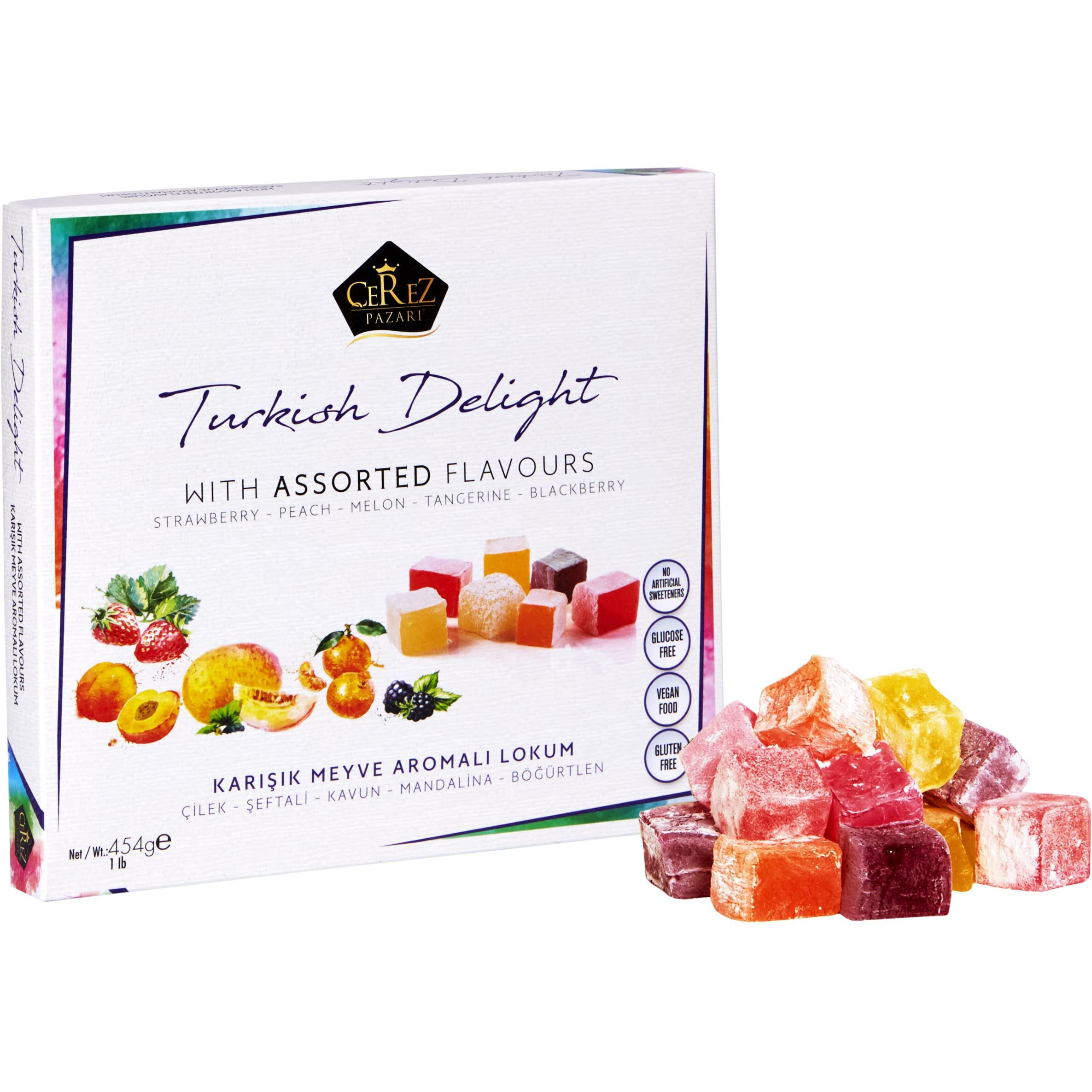 Cerez Pazari Turkish Delight Candy With Assorted Mix Flavours 16 Oz Gourmet Medium Size Snacks Gift Box | No Nuts Sweet Luxury Traditional Confectionery Vegan Lokum Loukoumi Approx.42 Pcs