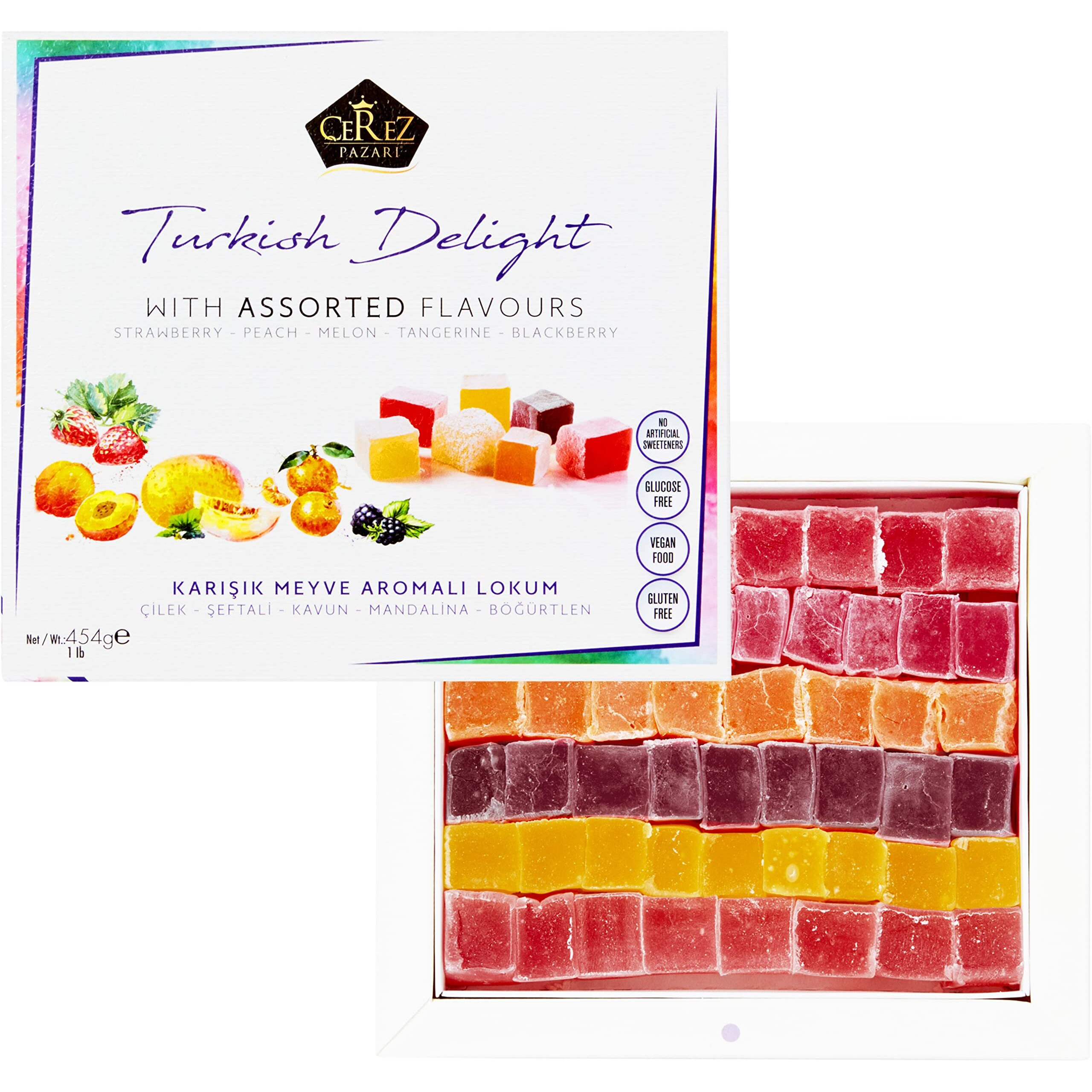 Cerez Pazari Turkish Delight Candy With Assorted Mix Flavours 16 Oz Gourmet Medium Size Snacks Gift Box | No Nuts Sweet Luxury Traditional Confectionery Vegan Lokum Loukoumi Approx.42 Pcs