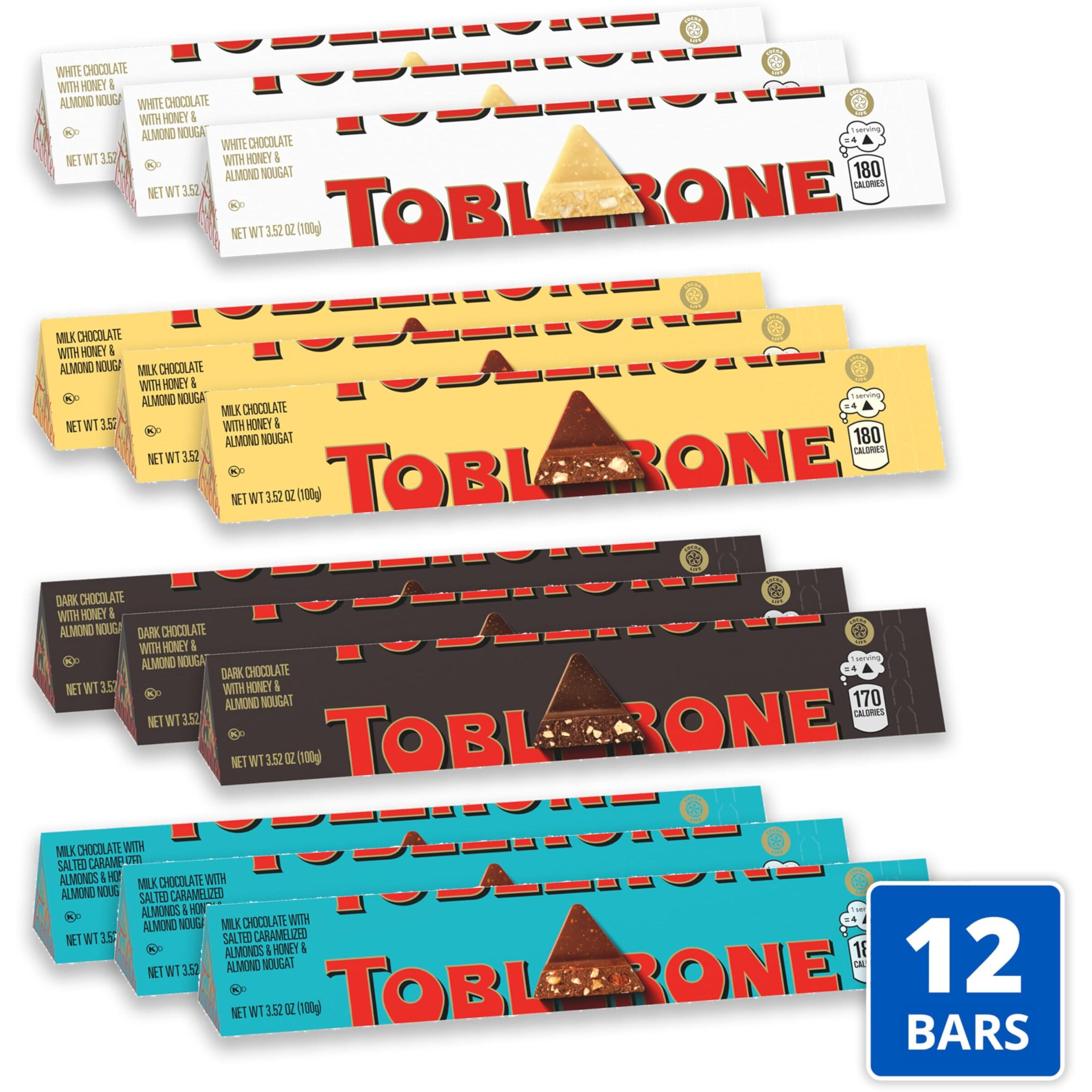 Toblerone Chocolate Variety Pack (Milk Chocolate, Dark Chocolate, White Chocolate, & Milk Chocolate With Salted Caramelized Almonds), 12 - 3.52 Oz Bars