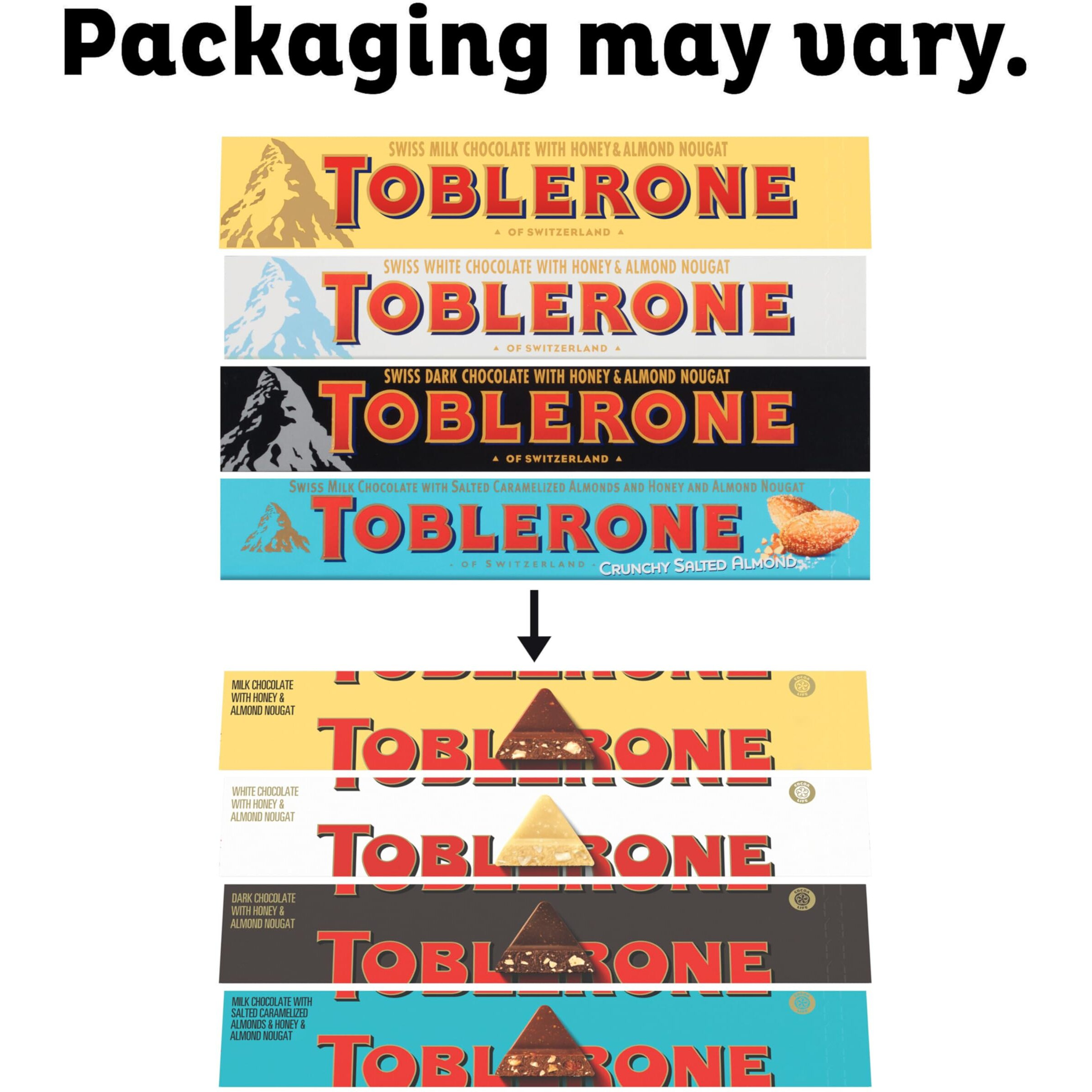 Toblerone Chocolate Variety Pack (Milk Chocolate, Dark Chocolate, White Chocolate, & Milk Chocolate With Salted Caramelized Almonds), 12 - 3.52 Oz Bars