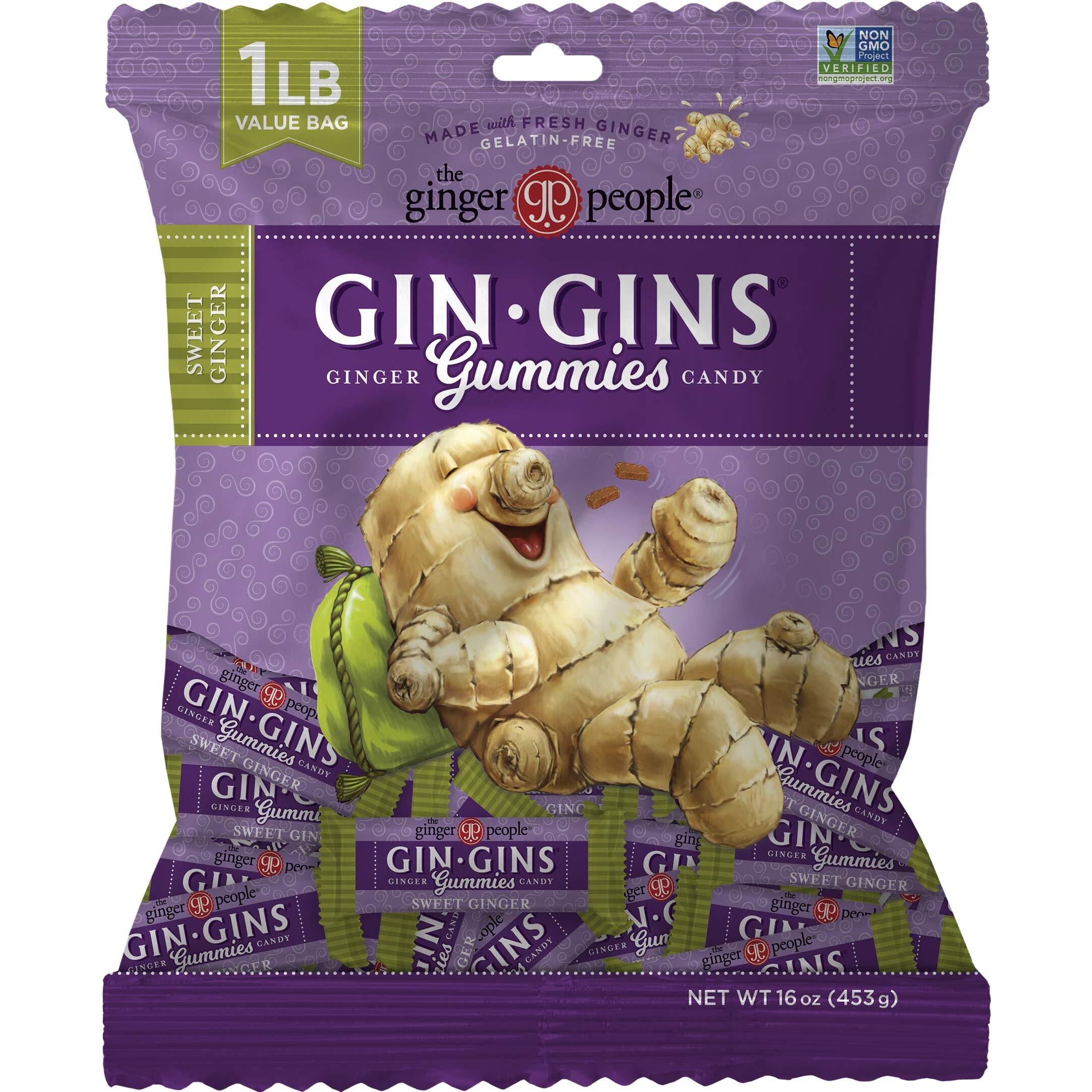 Gin Gins Sweet Ginger Chewy Ginger Candy By The Ginger People - Anti-Nausea And Digestion Aid, Individually Wrapped Healthy Candy - Sweet Ginger Gummies, Large 1 Lb Bag (16 Oz) - Pack Of 1 (16 Oz)