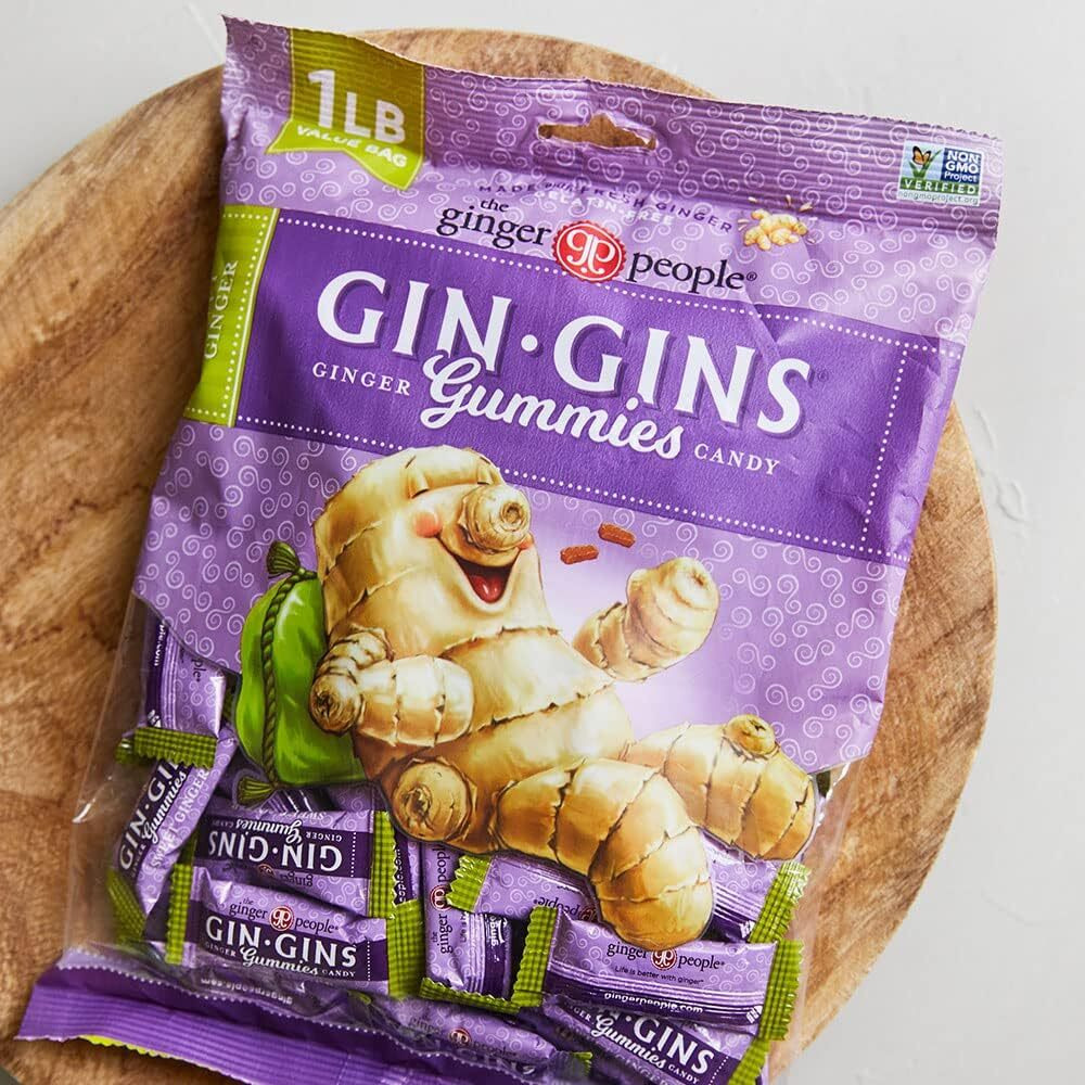 Gin Gins Sweet Ginger Chewy Ginger Candy By The Ginger People - Anti-Nausea And Digestion Aid, Individually Wrapped Healthy Candy - Sweet Ginger Gummies, Large 1 Lb Bag (16 Oz) - Pack Of 1 (16 Oz)