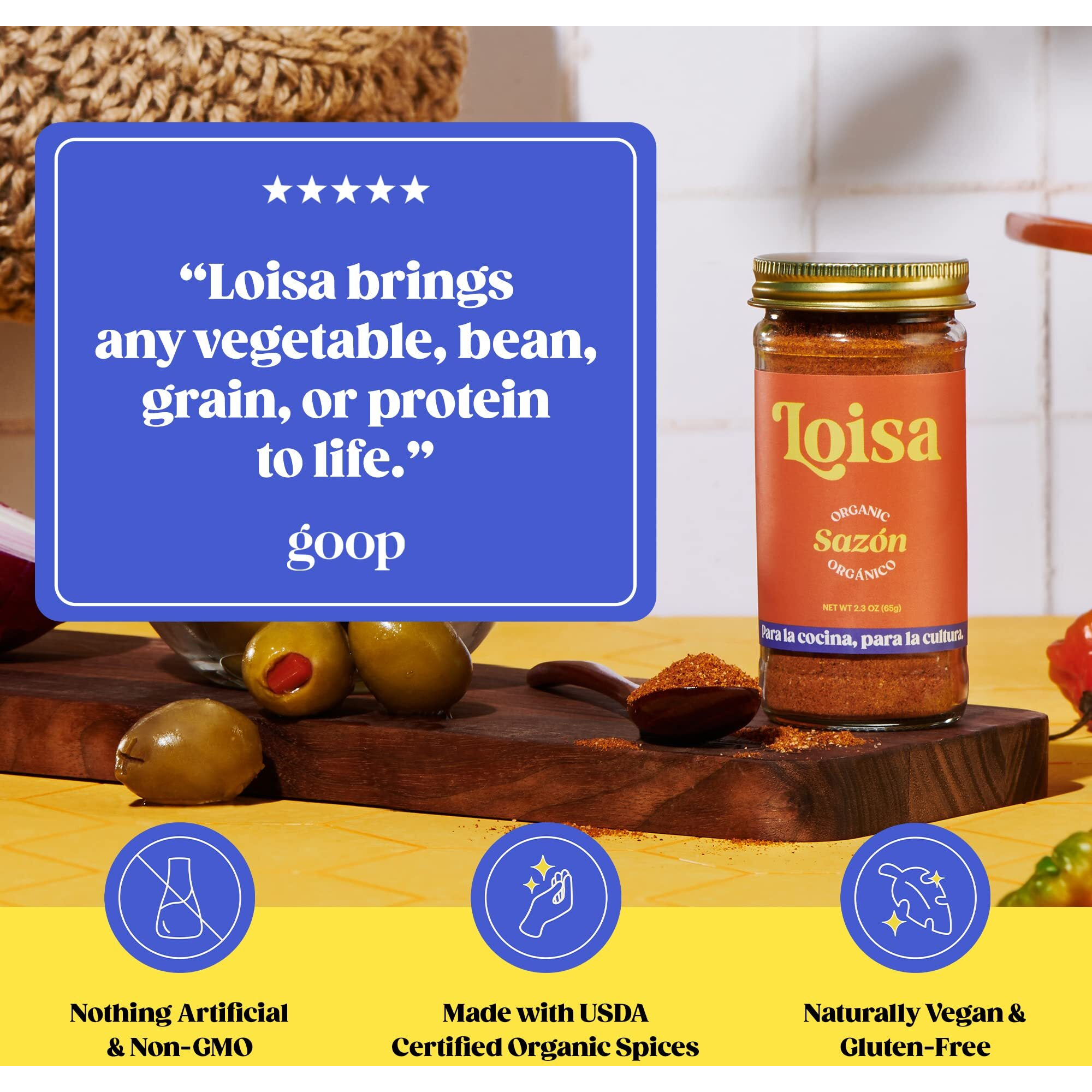 Loisa Saz  N Seasoning, Usda Organic, Non-Gmo, No-Msg, No Preservatives, No Artificial Coloring, No Artificial Flavors, 2.3Oz, Pack Of 1 (Sazon)