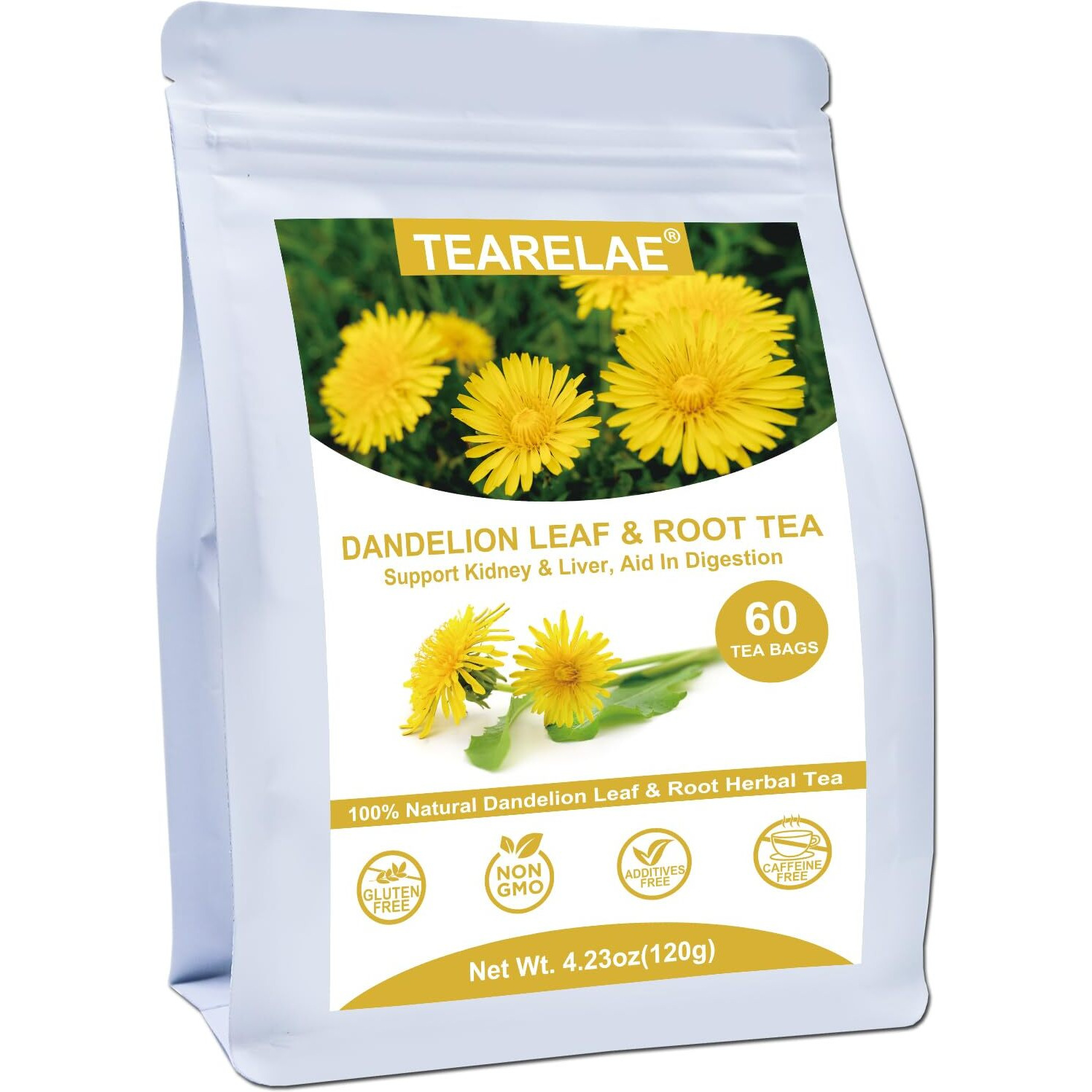 Tearelae - Dandelion Leaf & Root Tea - Premium Dandelion Leaf And Root, 60 Counts Dandelion Tea Bags - Support Kidney, Aid In Digestion - Non-Gmo - Caffeine-Free